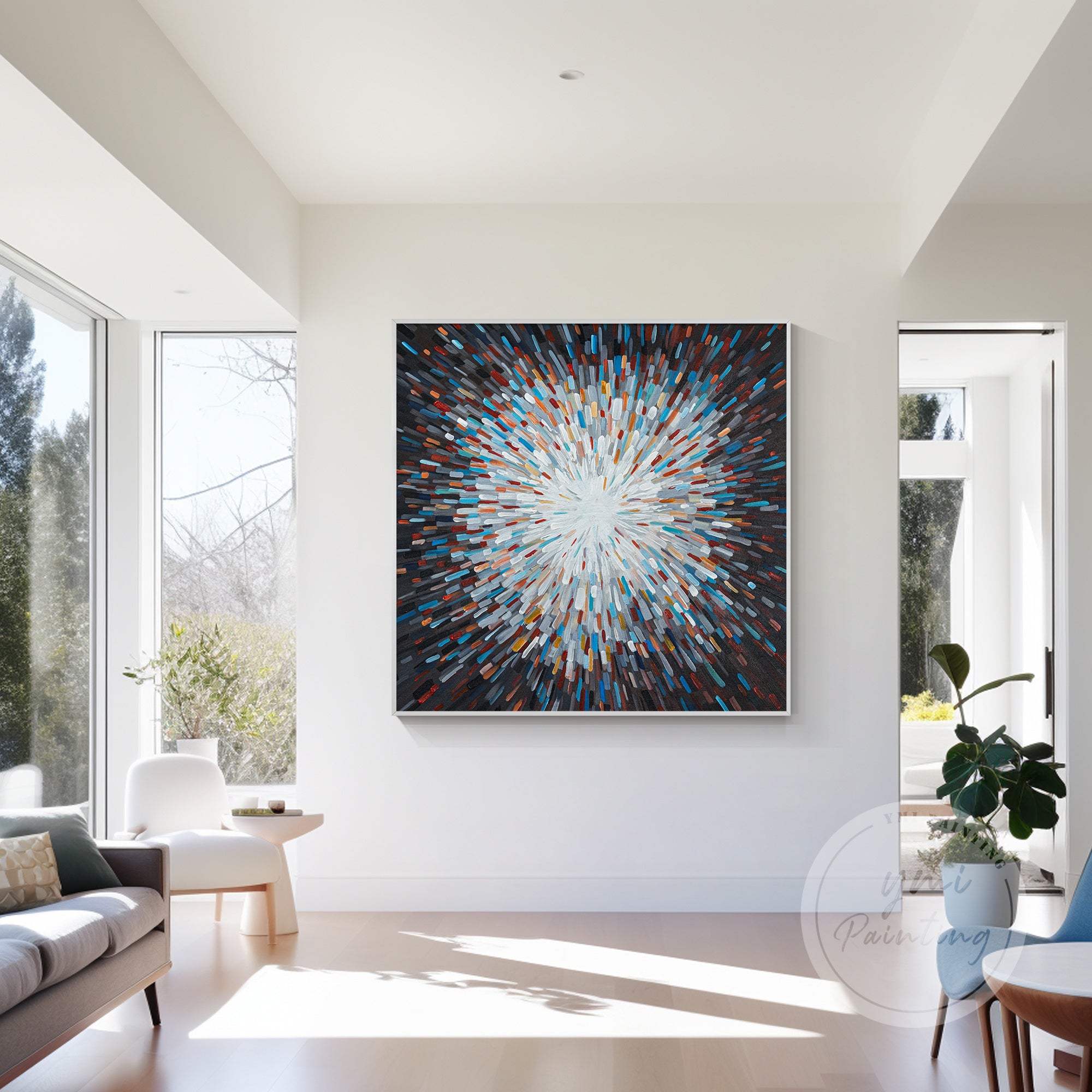 Abstract starburst wall art with a dynamic explosion of colors.