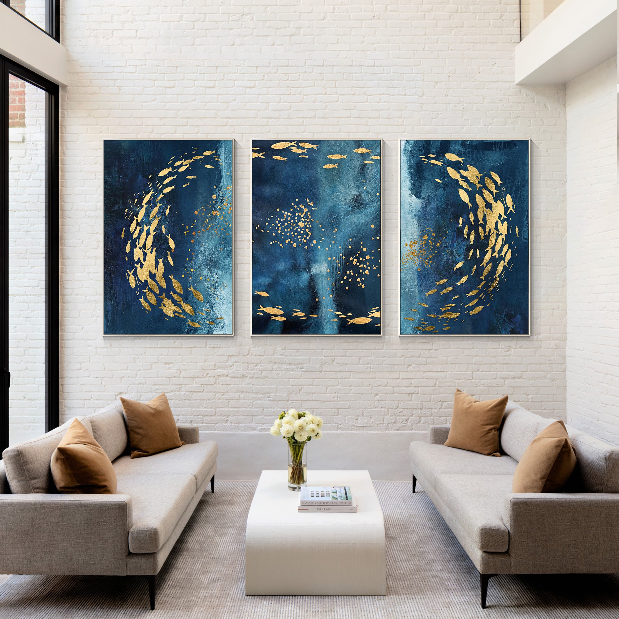 Dreifache Koi Fisch Kunst Marine blau Gold abstrakt gerahmt Wandkunst/Fisch Kunstwerk