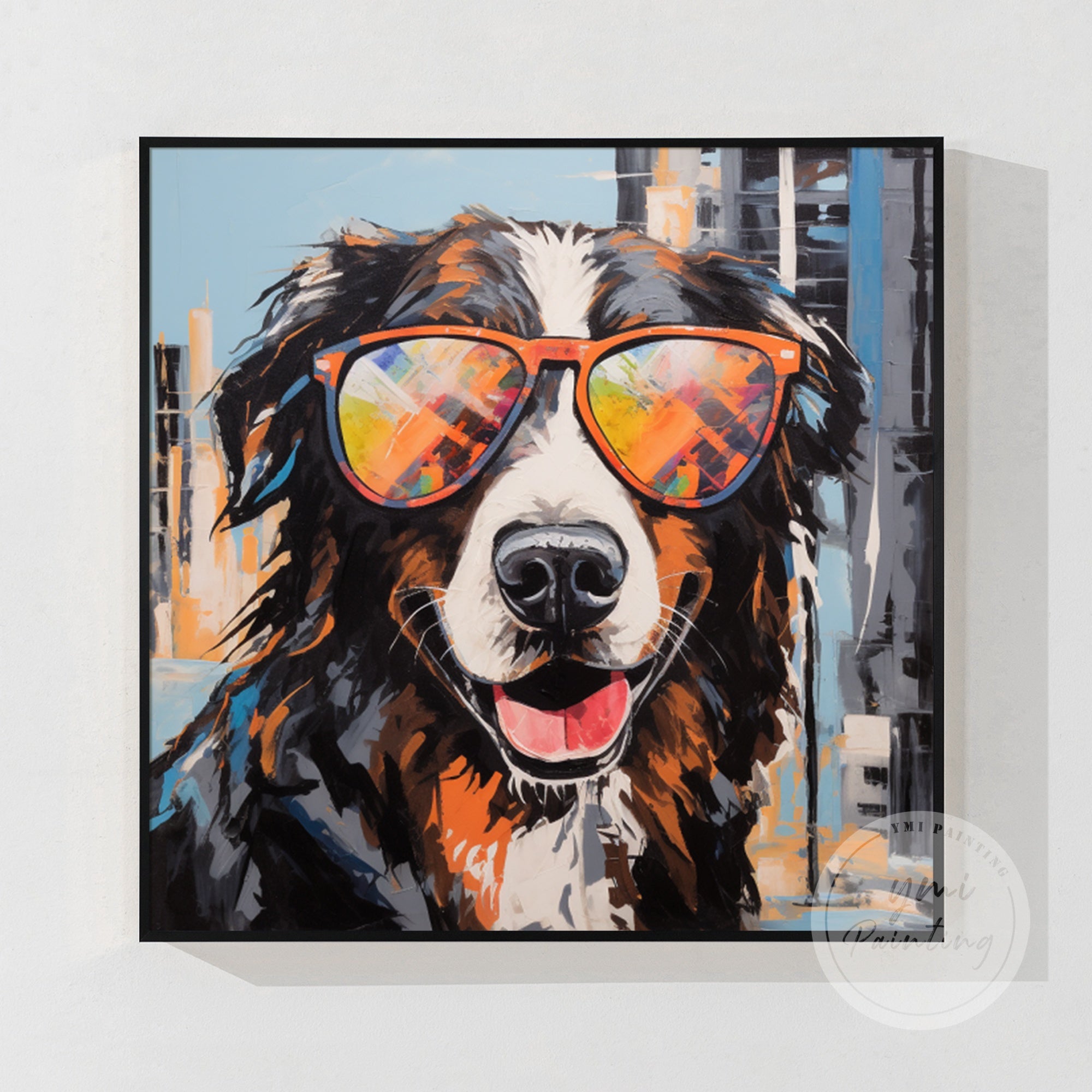 Dog portrait with charismatic grin and bold sunglasses, capturing a cool, contemporary vibe in a black frame.