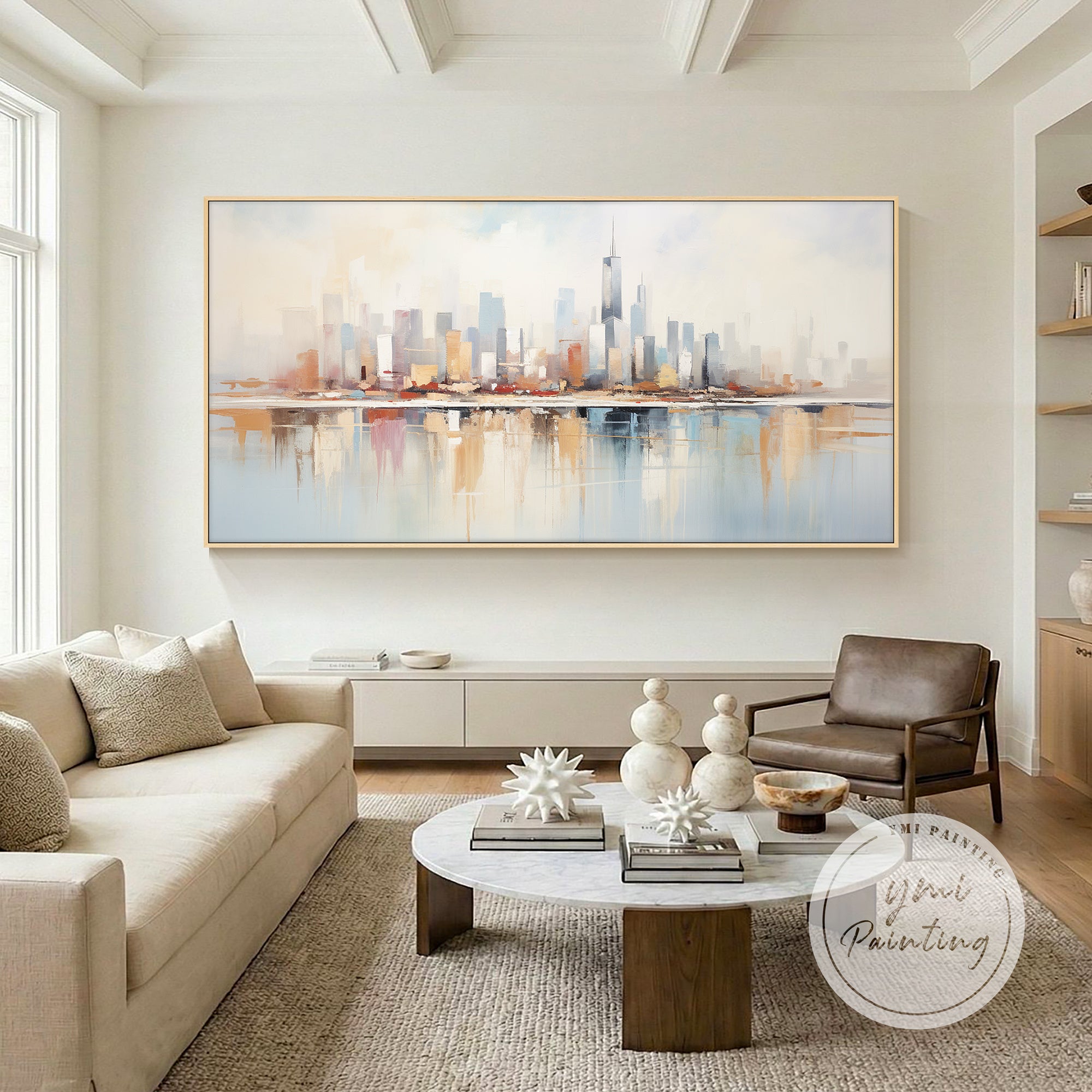 Chicago skyline abstract painting with city reflection above sofa wall decor