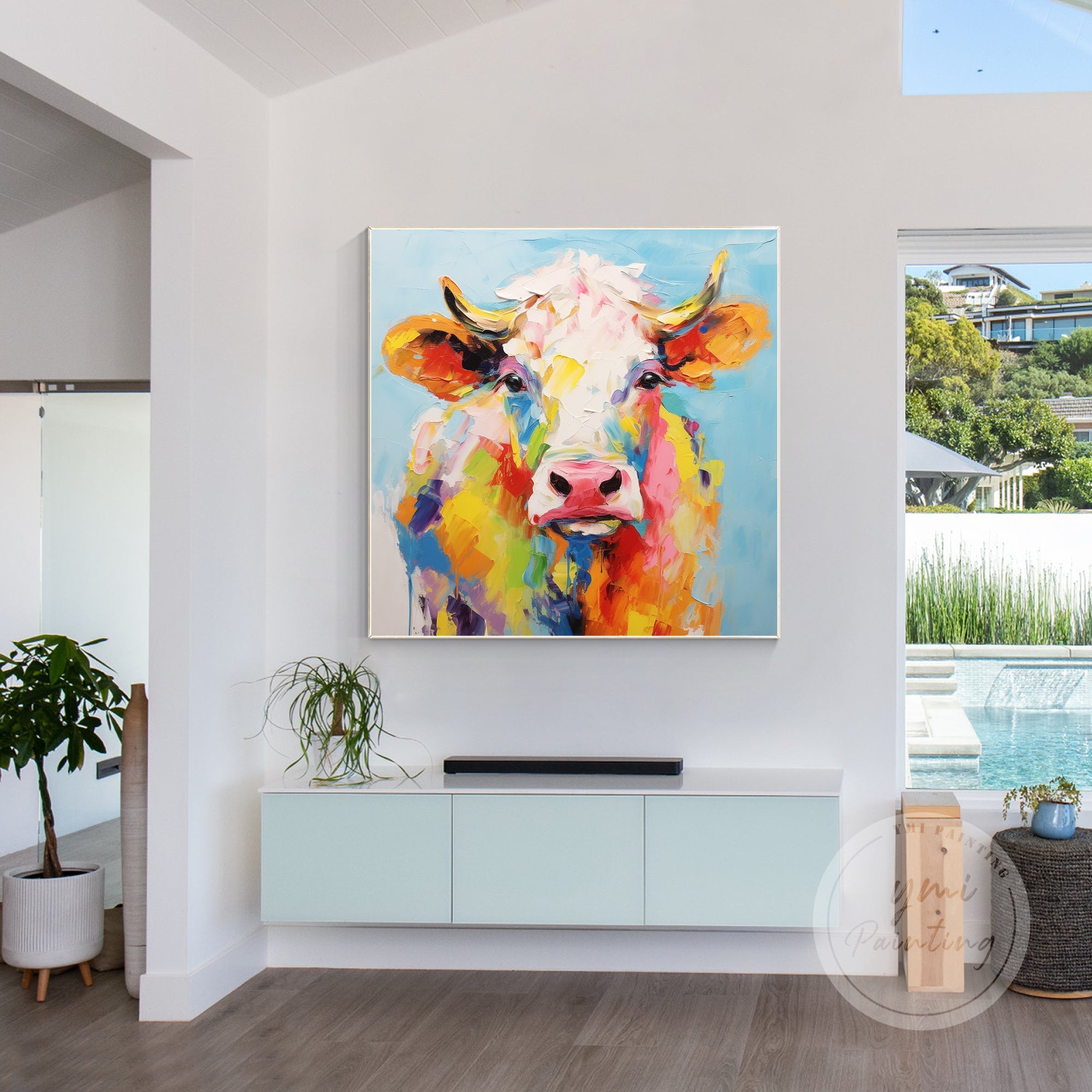 Hand-painted cow portrait with vibrant, joyful colors