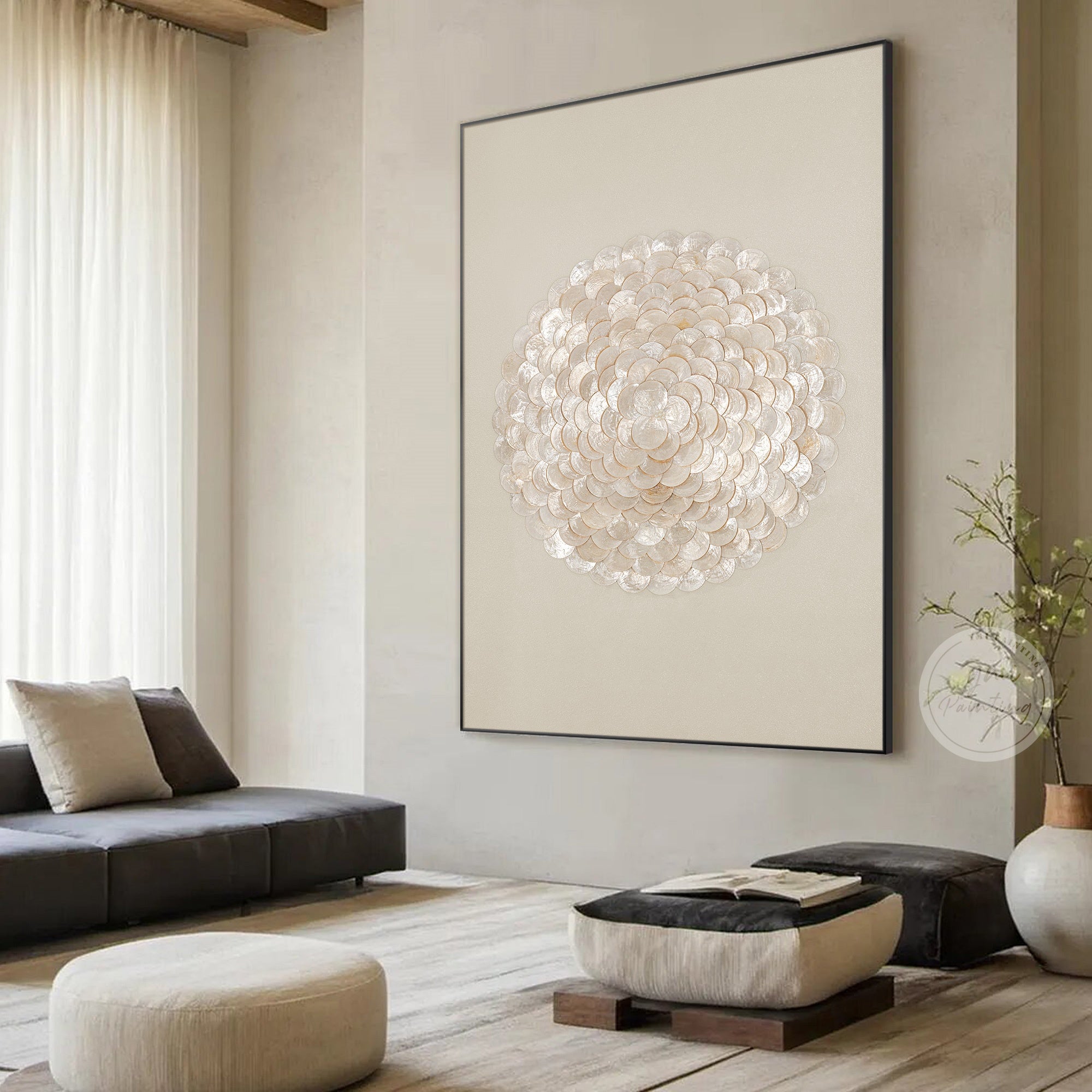 Circular capiz shell art as a focal point in livingroom