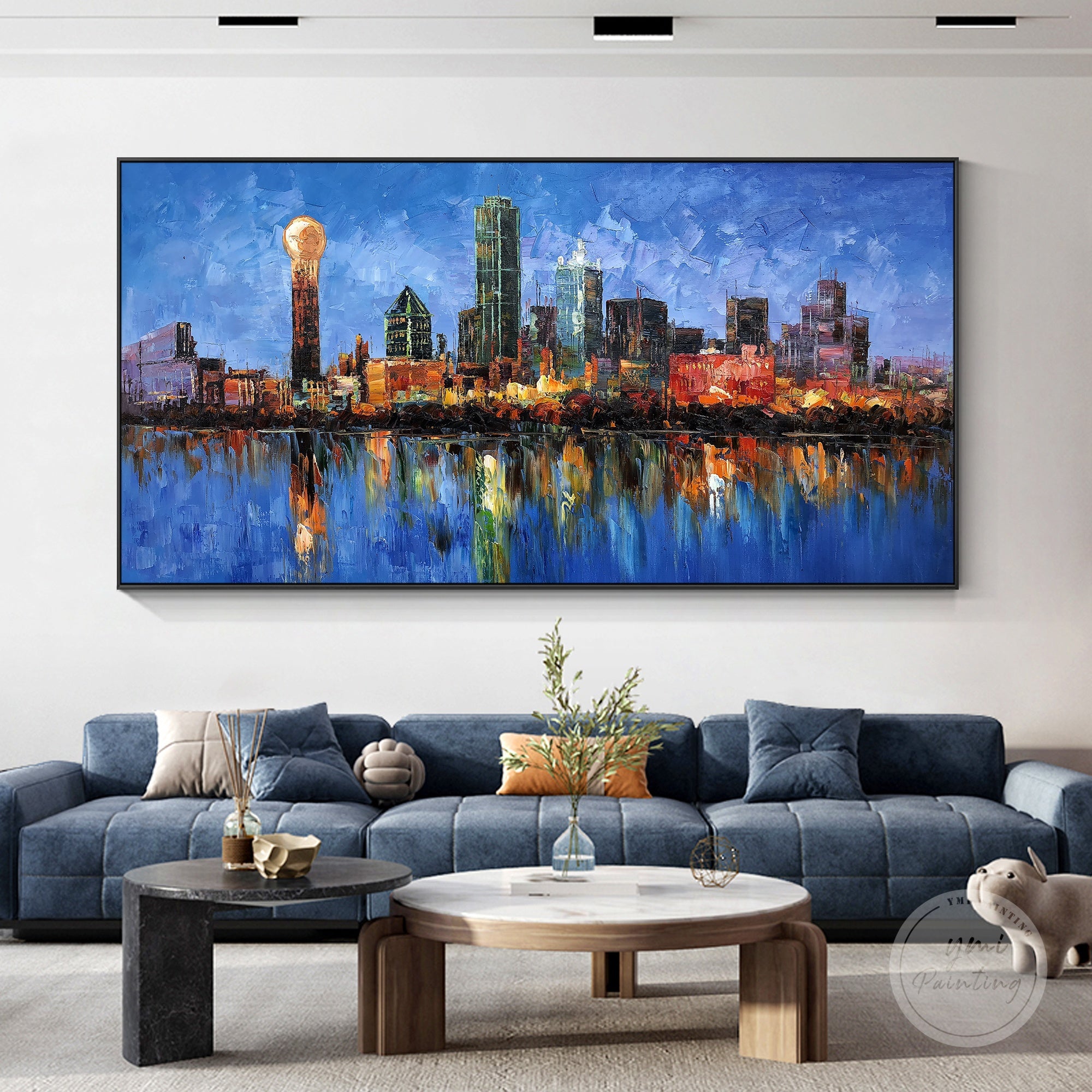 Hand-painted Dallas cityscape, featuring the city’s iconic skyline in vivid colors and detailed brushwork.