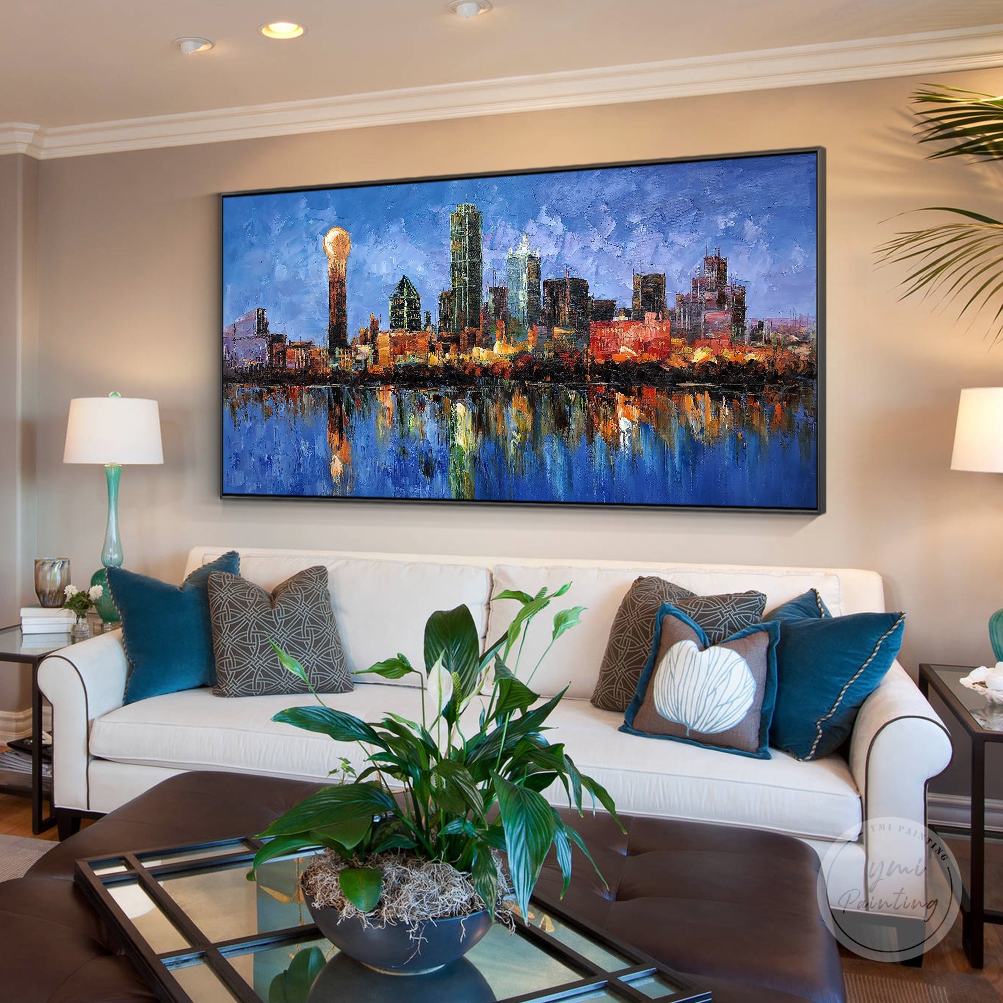 Original Dallas skyline artwork, hand-painted oil on canvas with dynamic cityscape design.