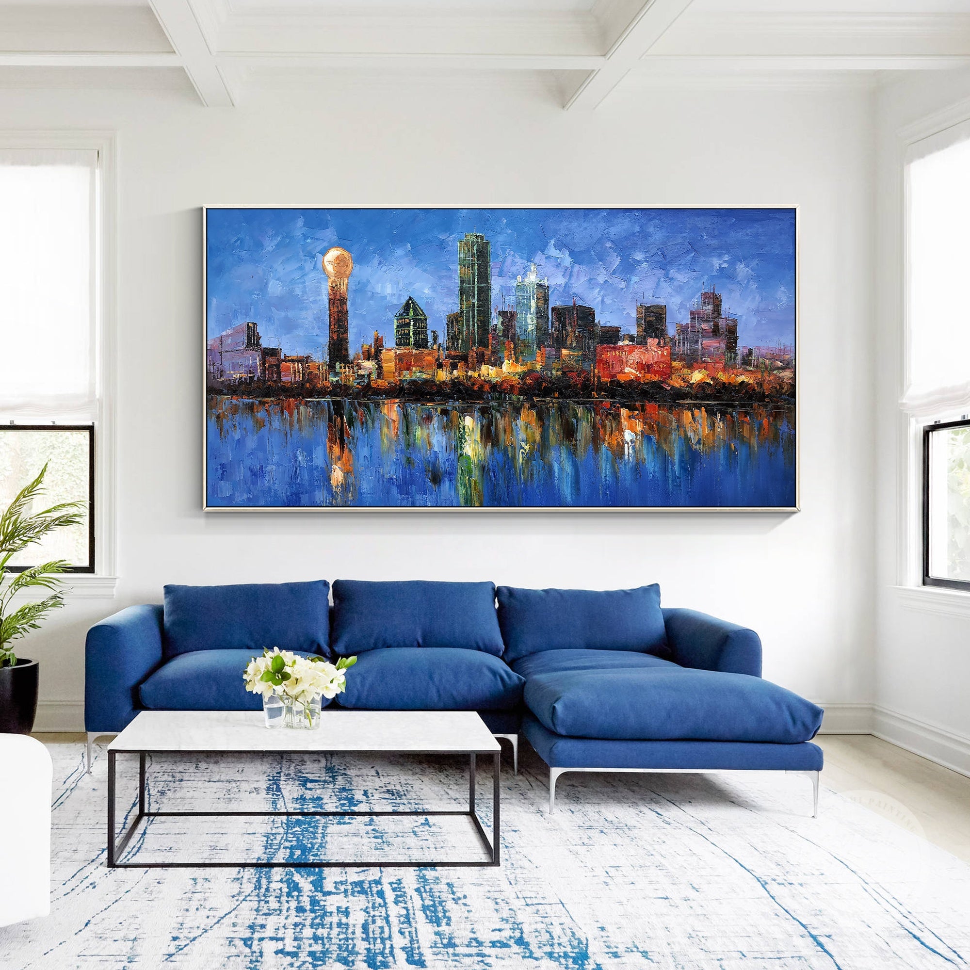 Hand-painted Dallas skyline on canvas, original oil art with vibrant color and textured strokes.