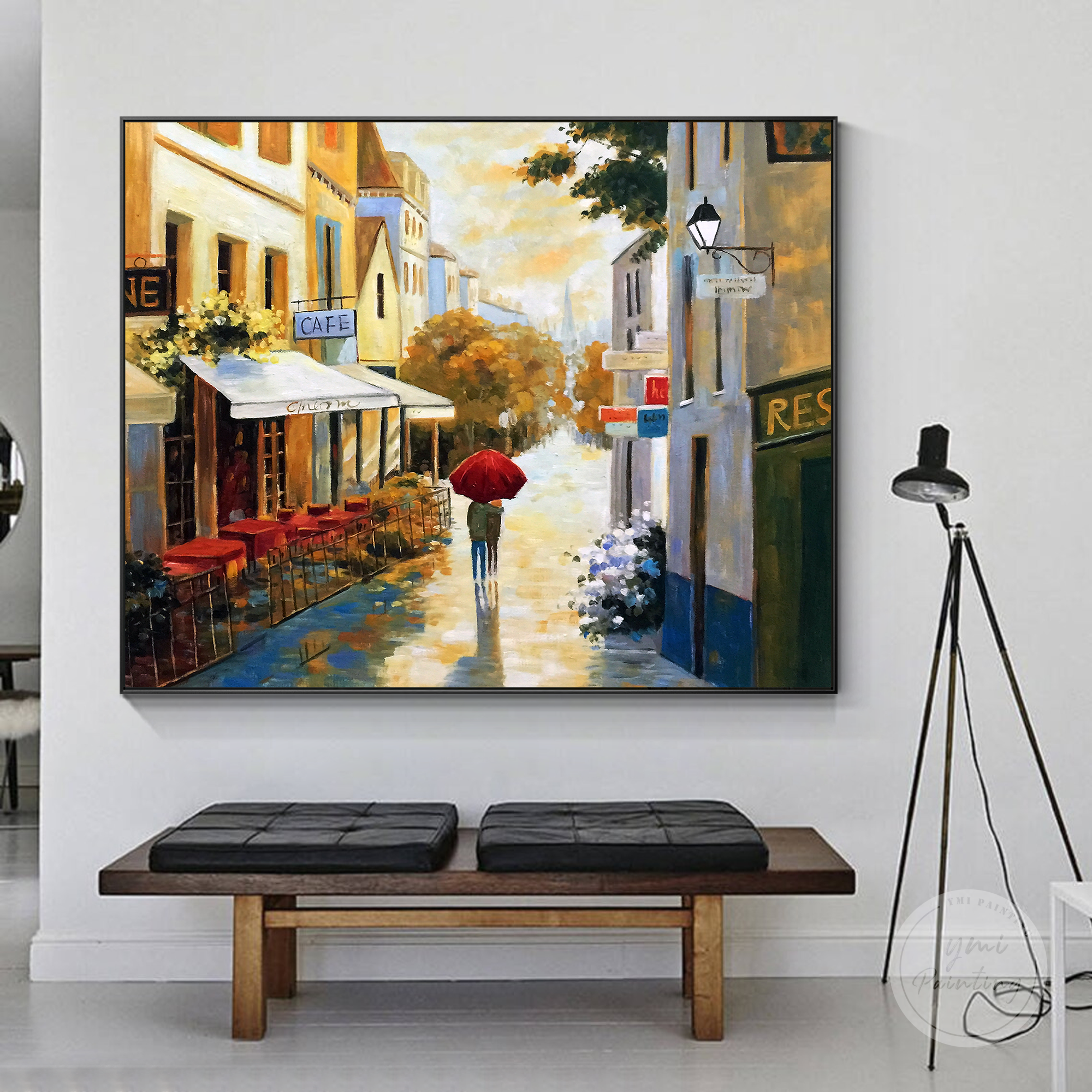 Vibrant oil painting of Paris street life, perfect for creating a romantic atmosphere in your home.
