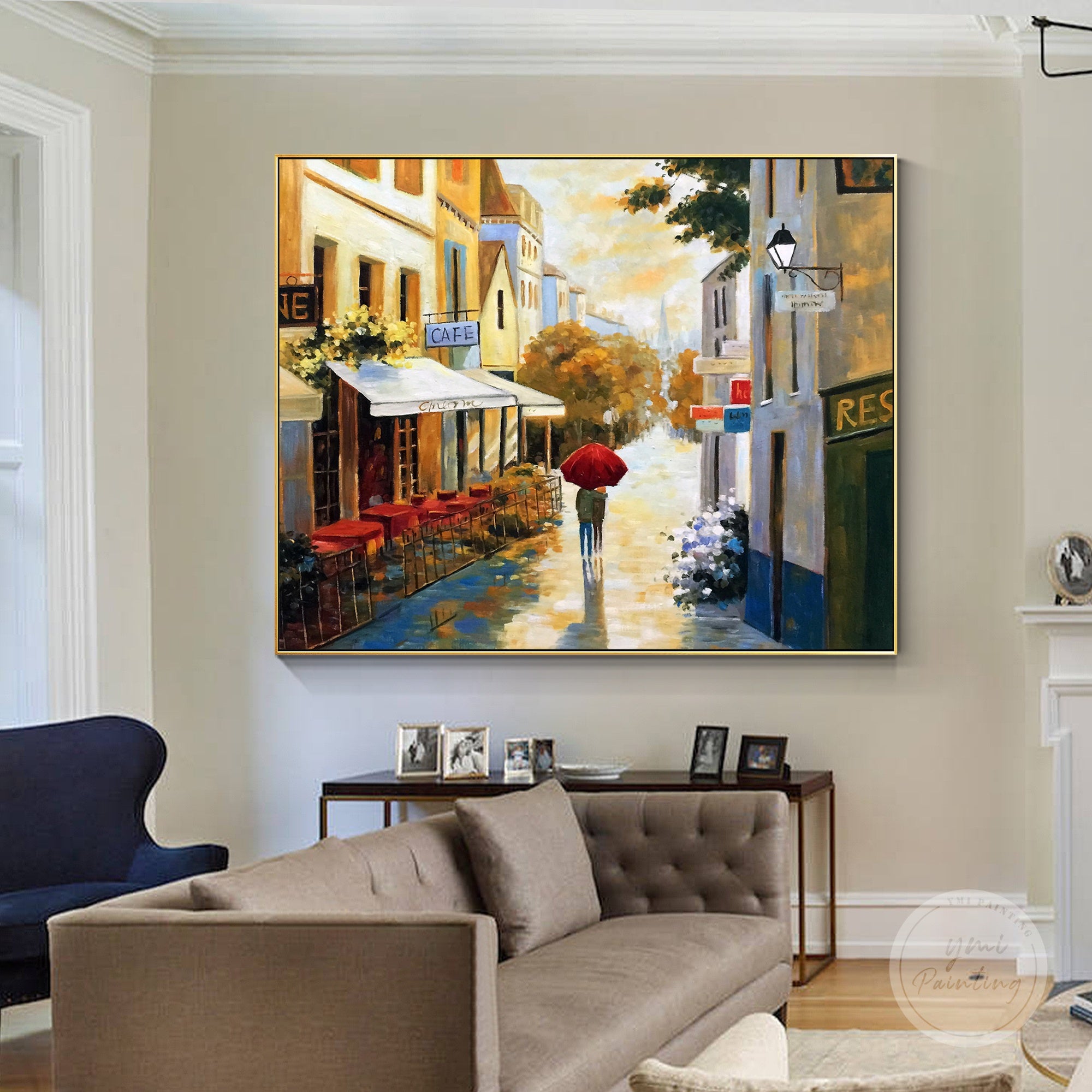 Parisian street scene oil painting, featuring quaint cafés and iconic Parisian architecture.