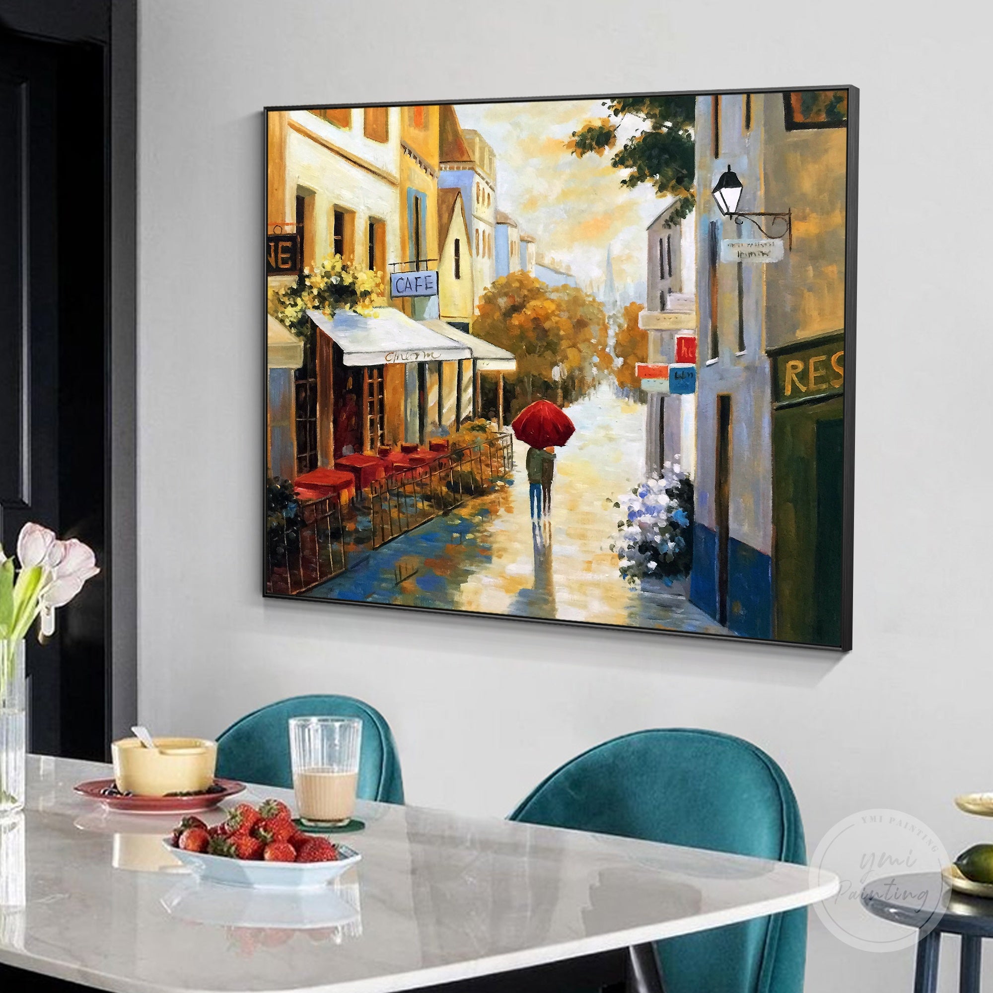 Hand-painted Paris street scene on canvas, ideal for adding sophistication to modern interiors.