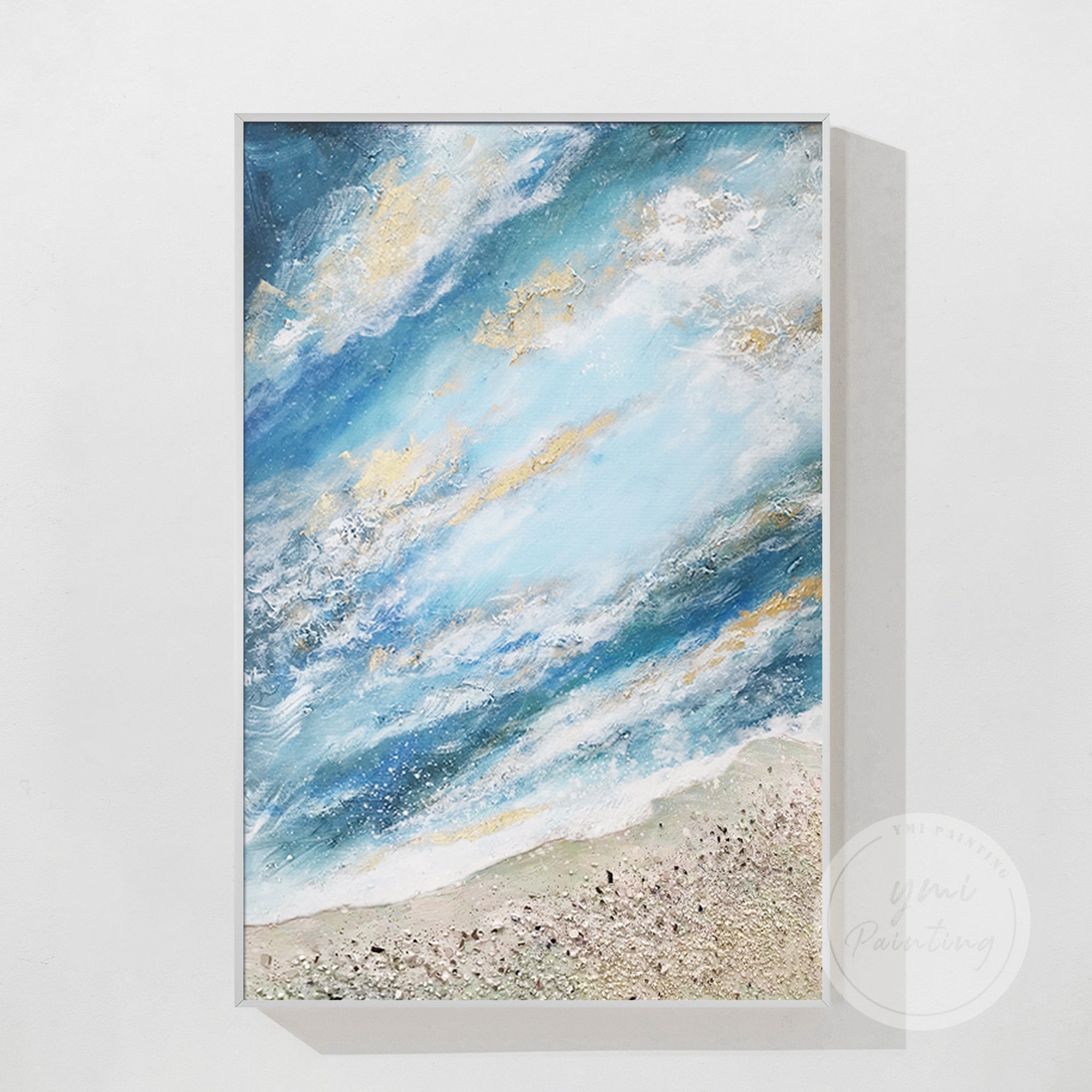 Dynamic abstract art blending blue hues with soft gold, representing clouds and ocean waves.