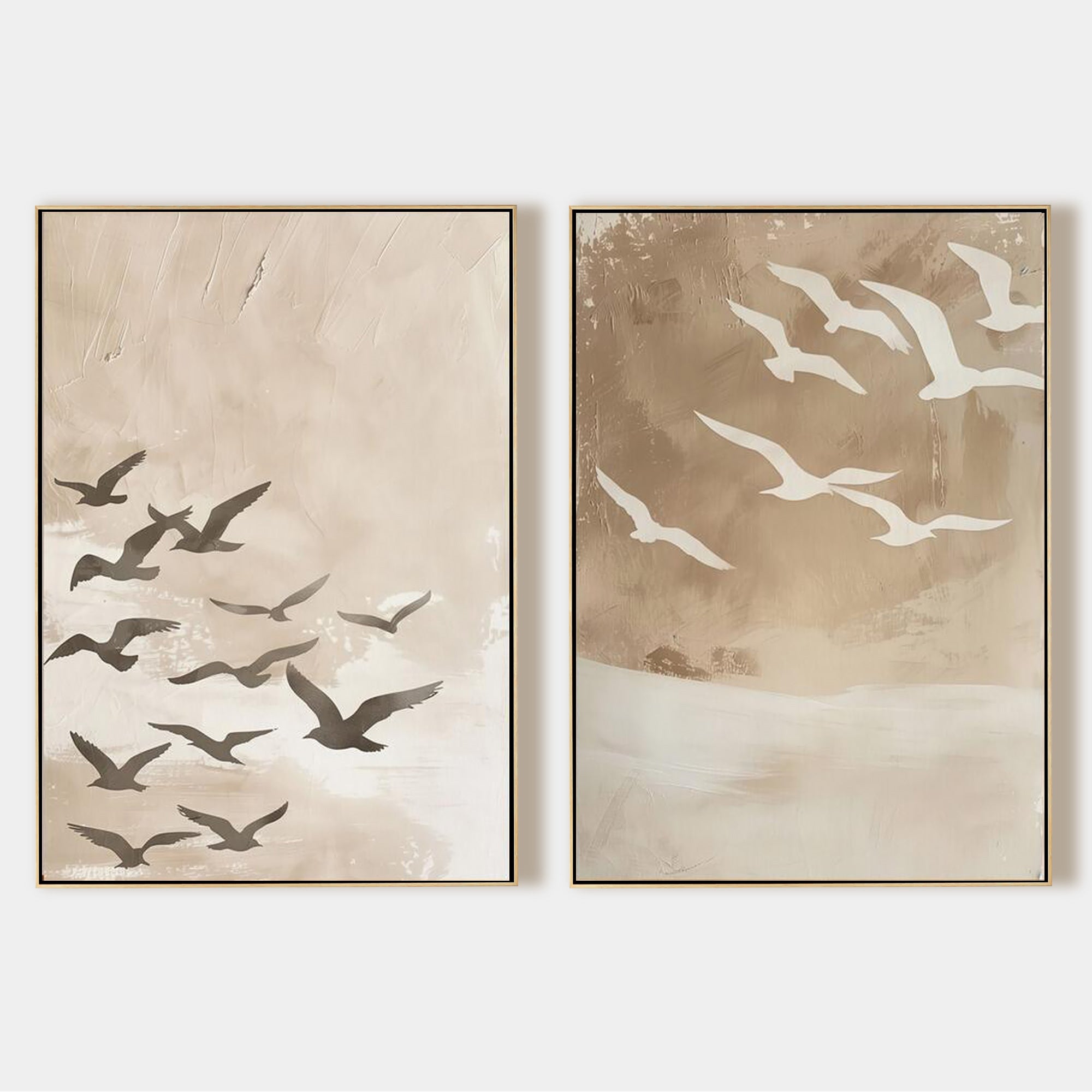 Coastal bird wall art set of 2 beige seagull paintings