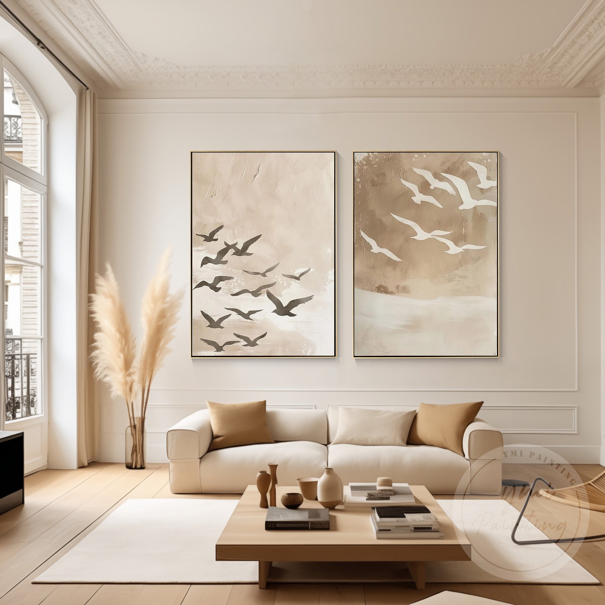 Neutral coastal bird artwork for modern home interior