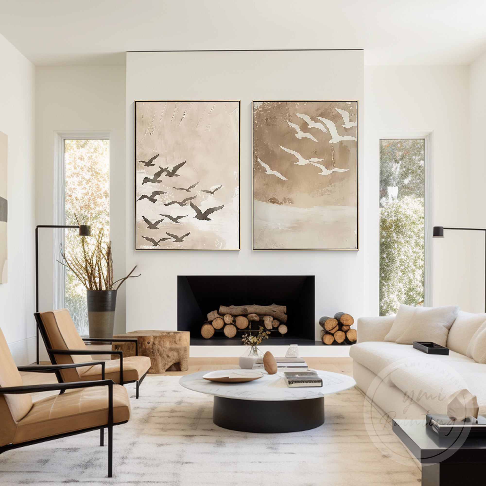 Modern coastal wall art set featuring flying seagulls