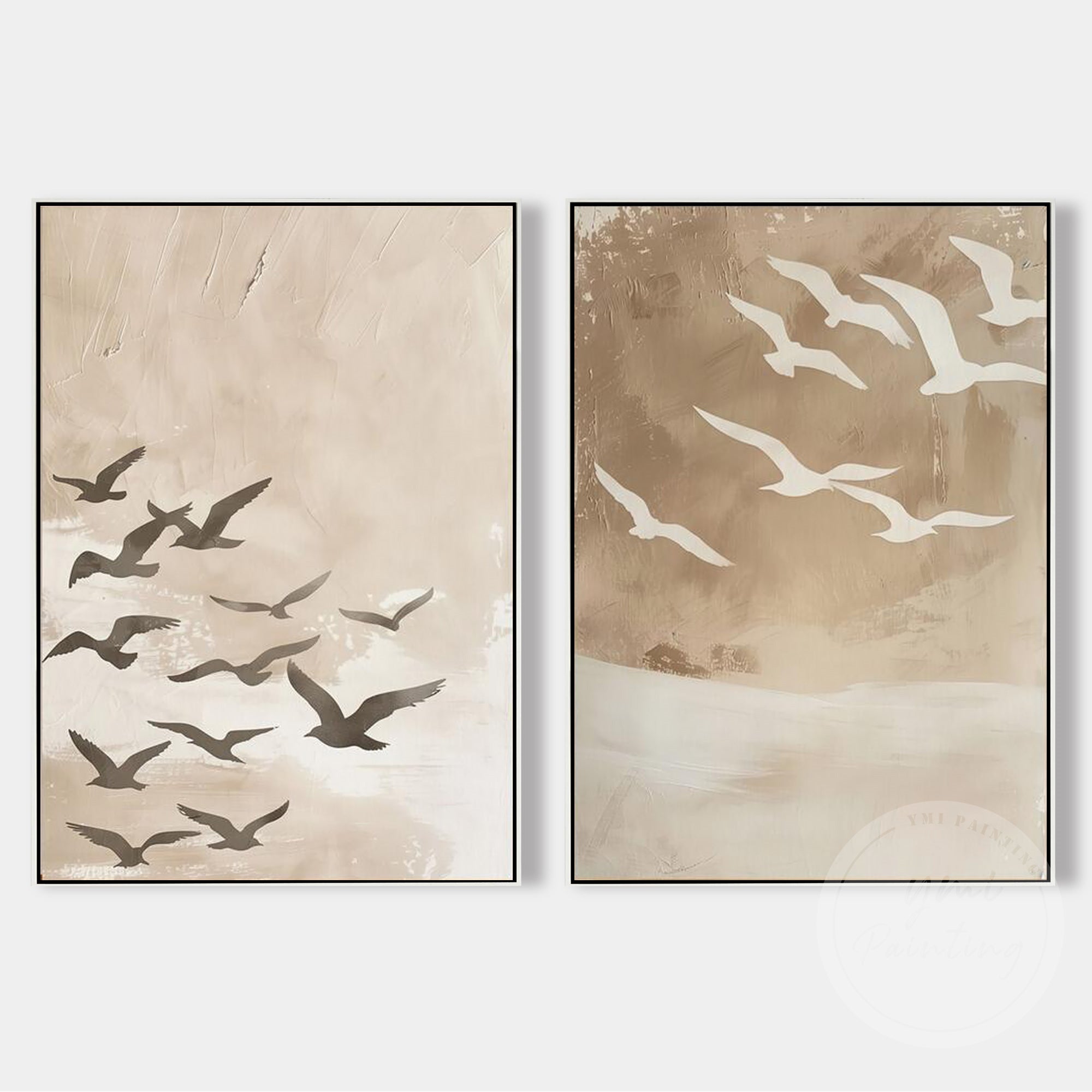Soft neutral bird paintings for beach style home decor