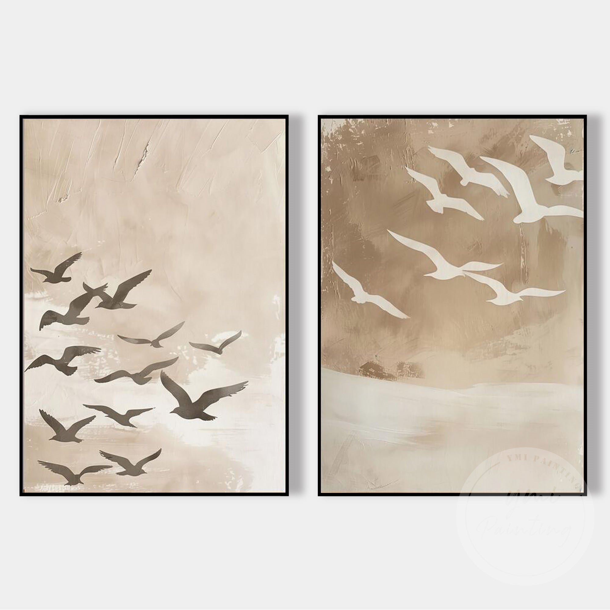 Elegant seagull canvas art set in beige tones