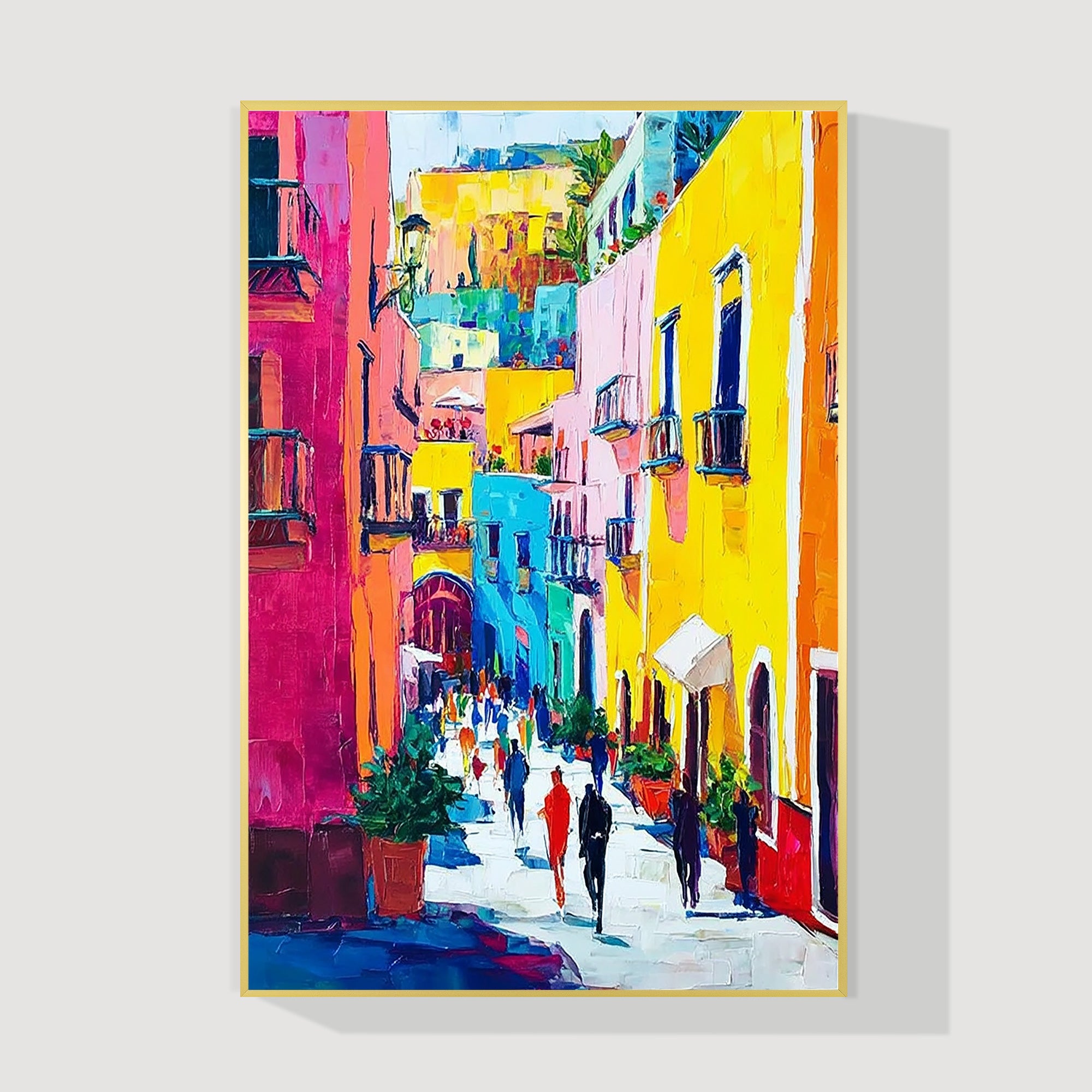 Colorful Burano scene painting palette knife oil canvas art