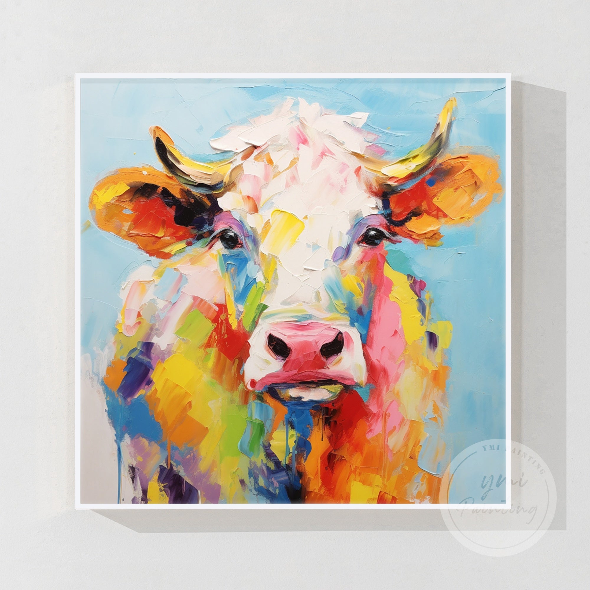 Fun and vibrant cow portrait painting for wall hanging with a white frame