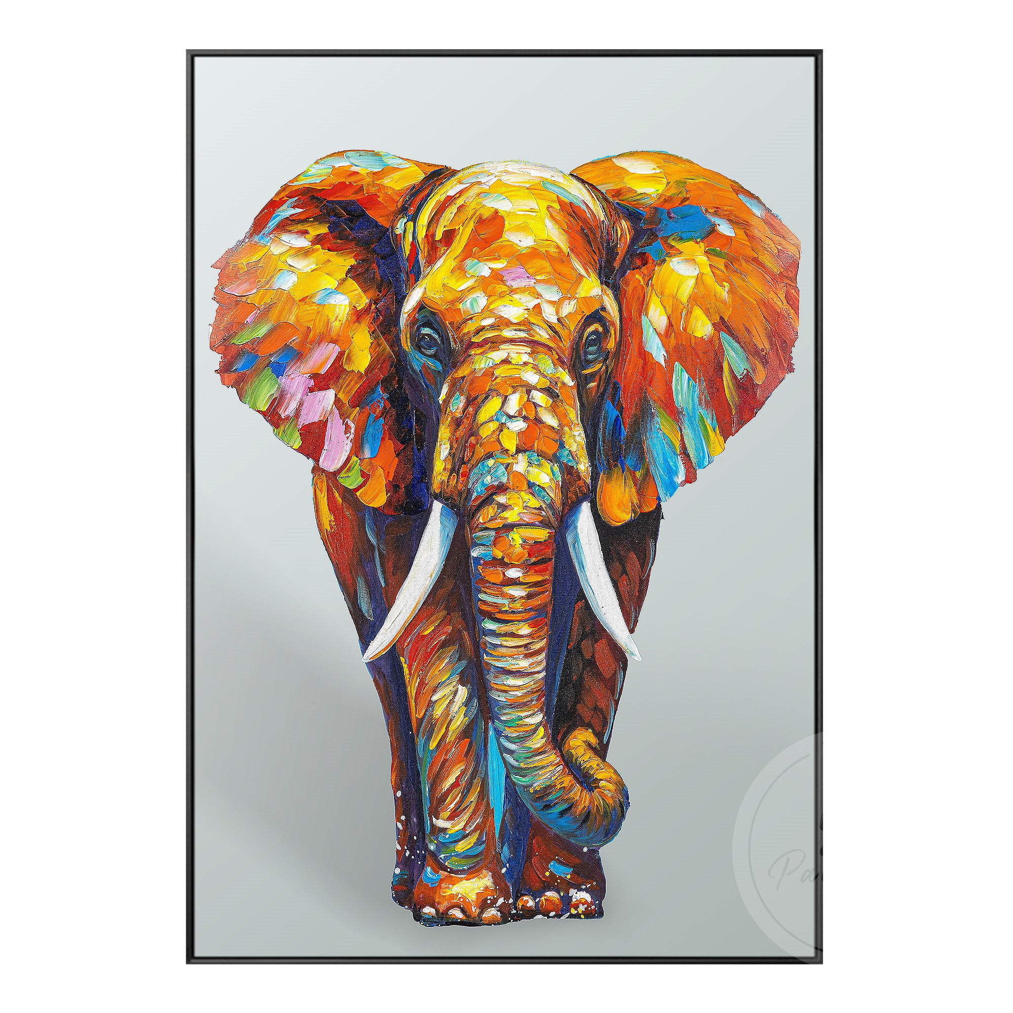 Colorful elephant wall hanging with abstract pop-art style in black frame