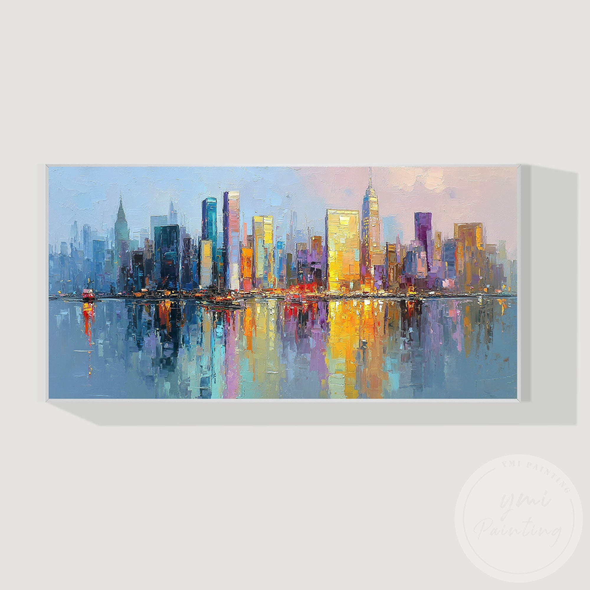 Colorful urban skyline painting NYC modern living room decor
