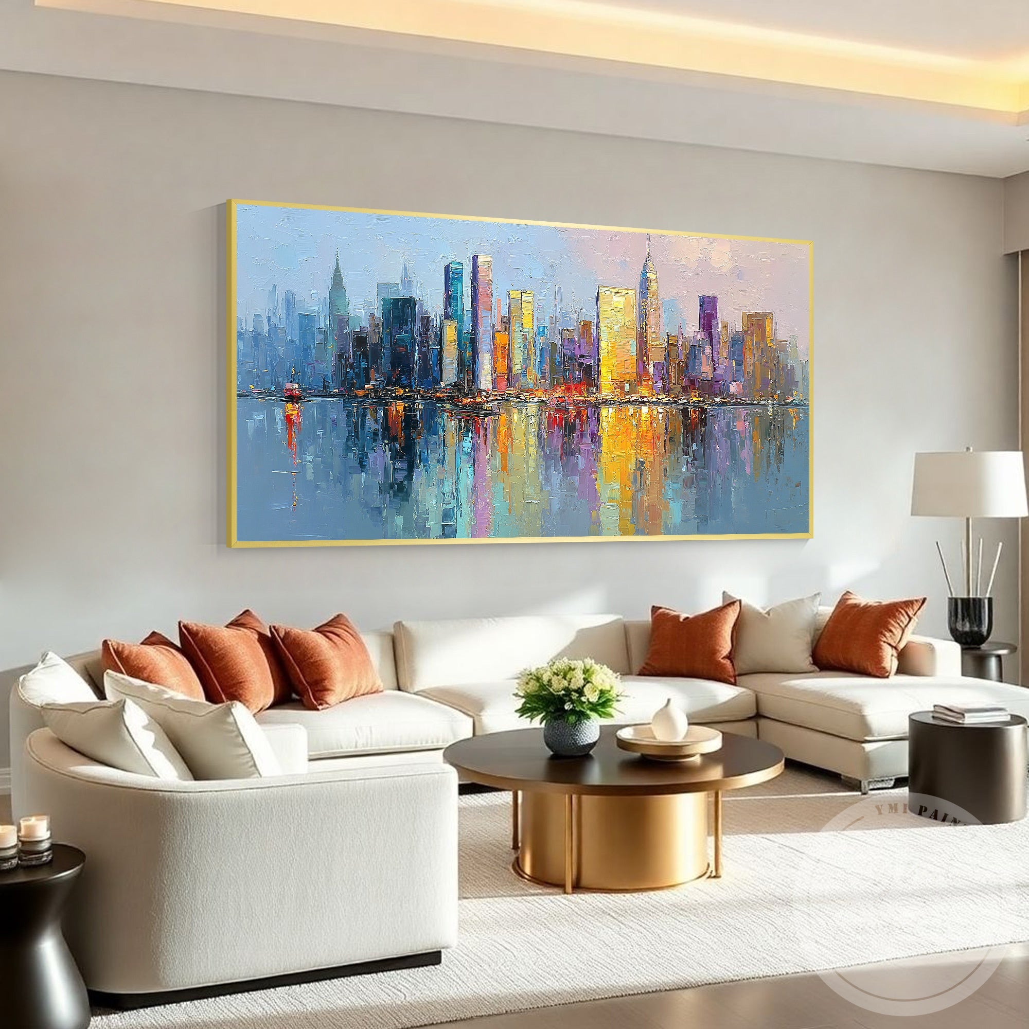 Hand painted NYC skyline artwork colorful cityscape painting