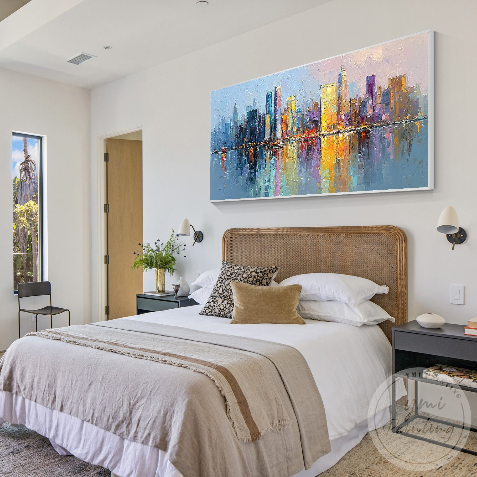 Modern NYC skyline painting colorful urban home decor art