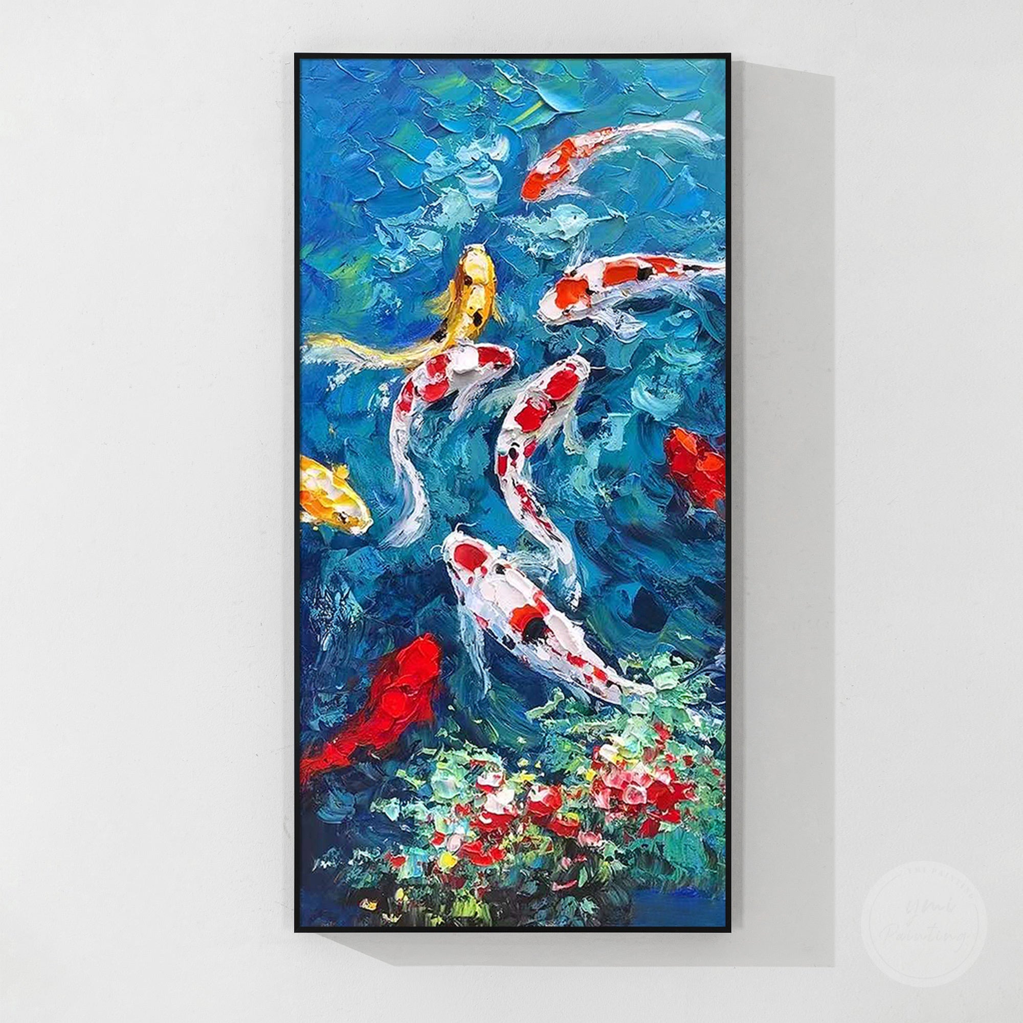 Vibrant koi fish Vastu oil painting with nine colorful fish and elegant Feng Shui inspired wall art design
