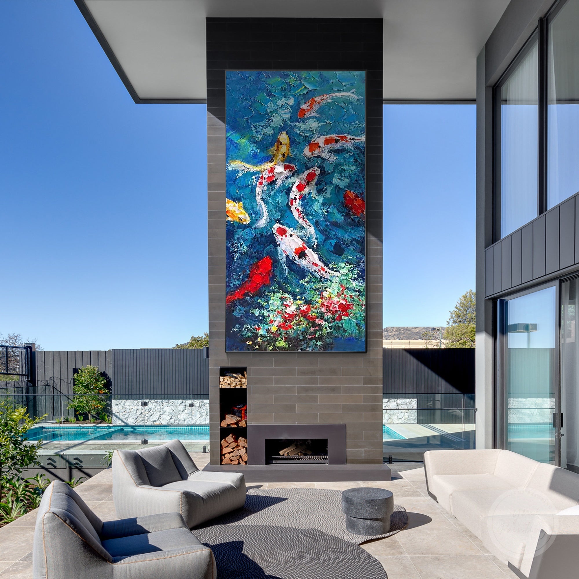 Modern Feng Shui wall art with vibrant koi fish, elegant colors, and premium oil painting details
