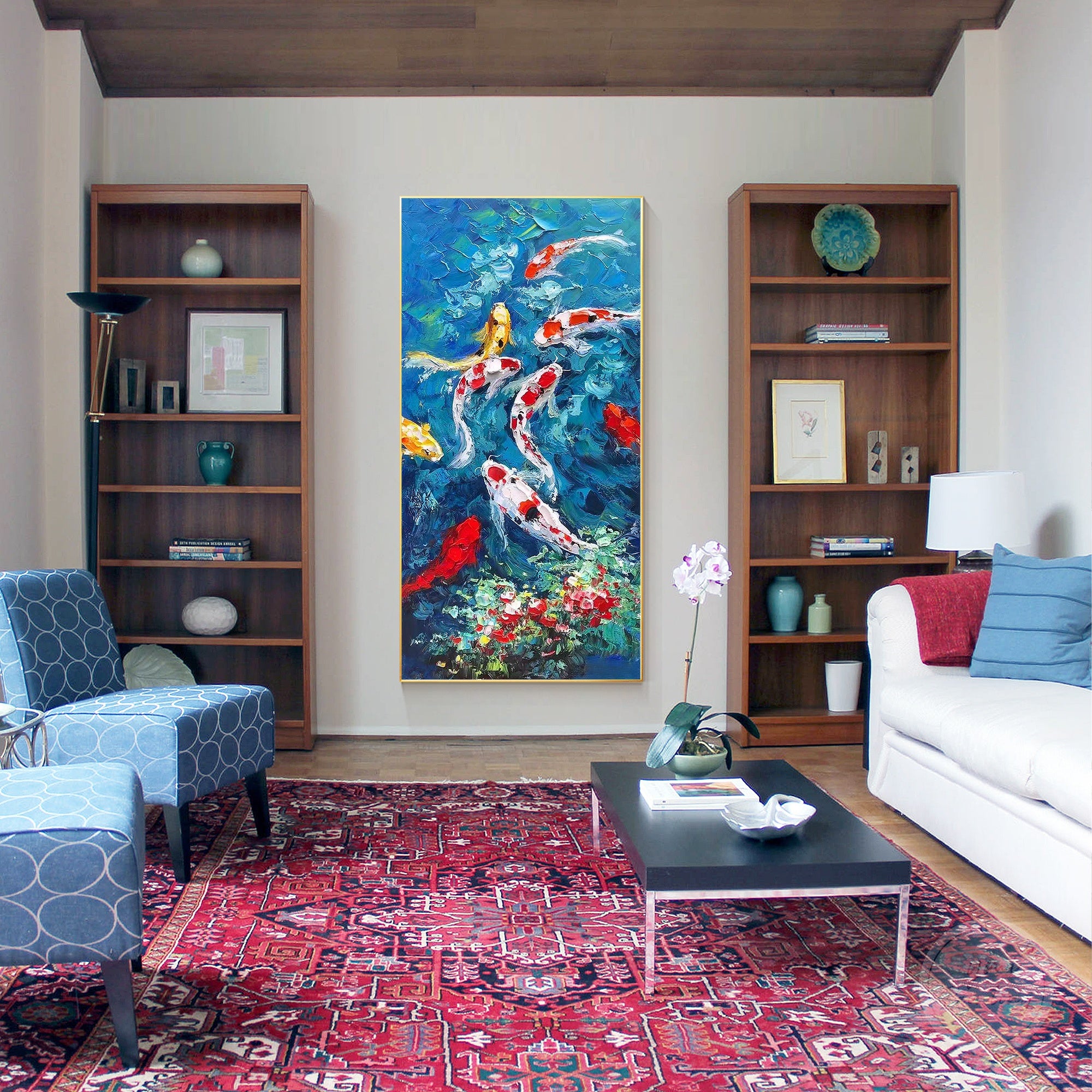 Luxury koi fish wall art with vibrant swimming fish, textured oil painting style, and modern Asian interior design