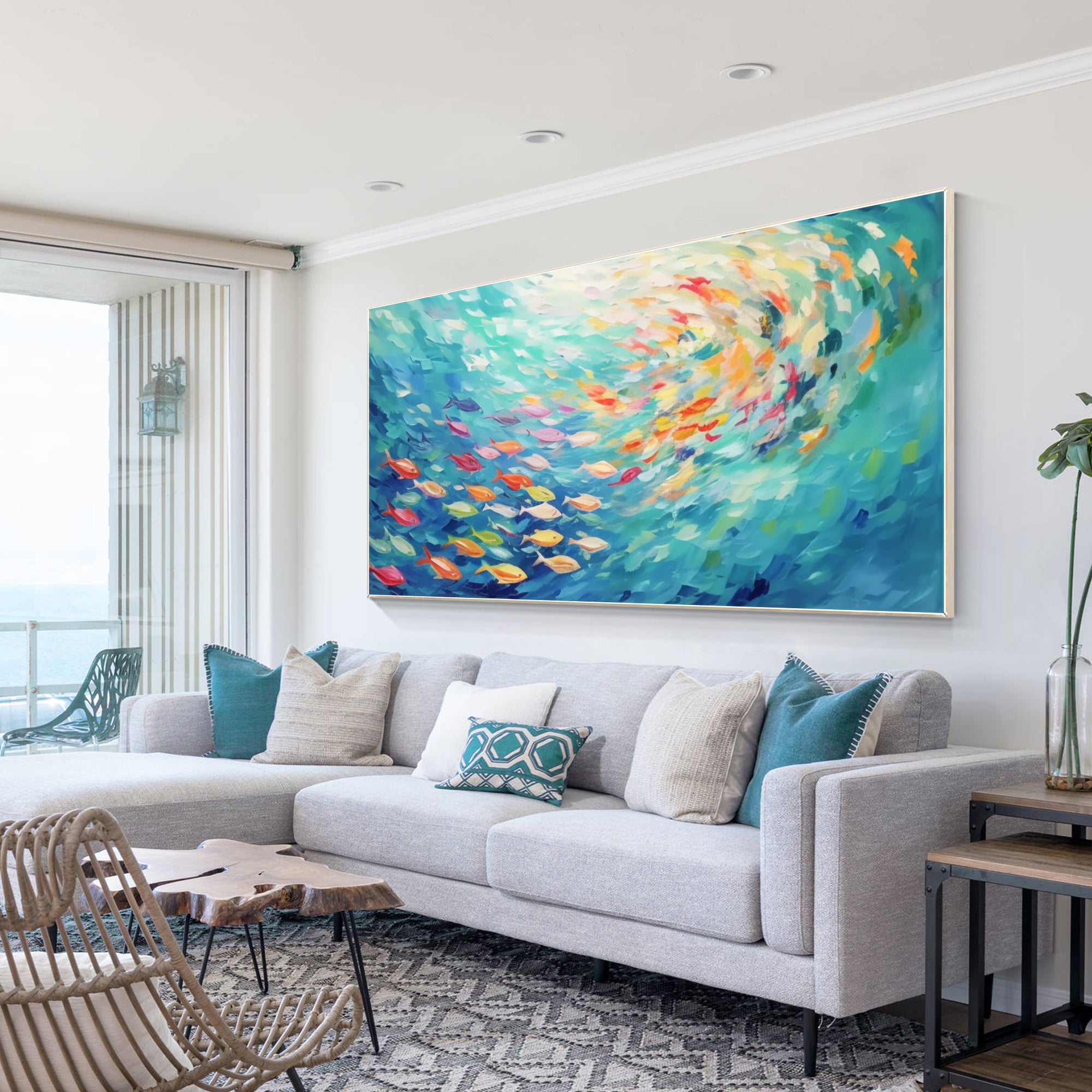 Oversized textured blue fish wall art for coastal interiors