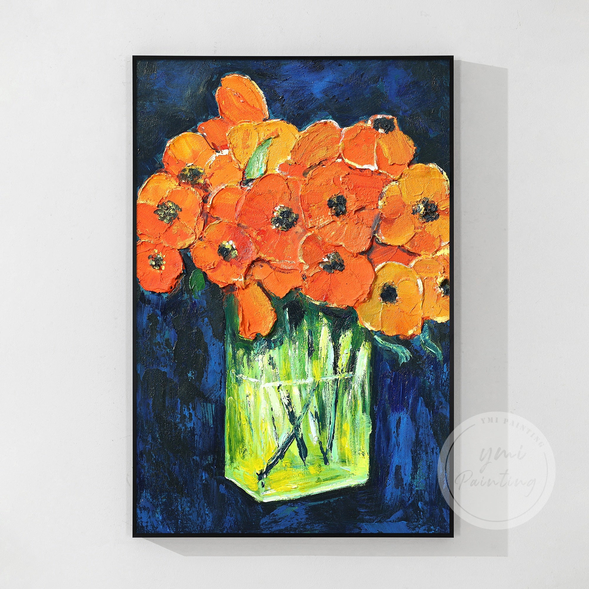 Colorful minimalist wall art featuring orange flowers in a glass vase, perfect for modern interiors.