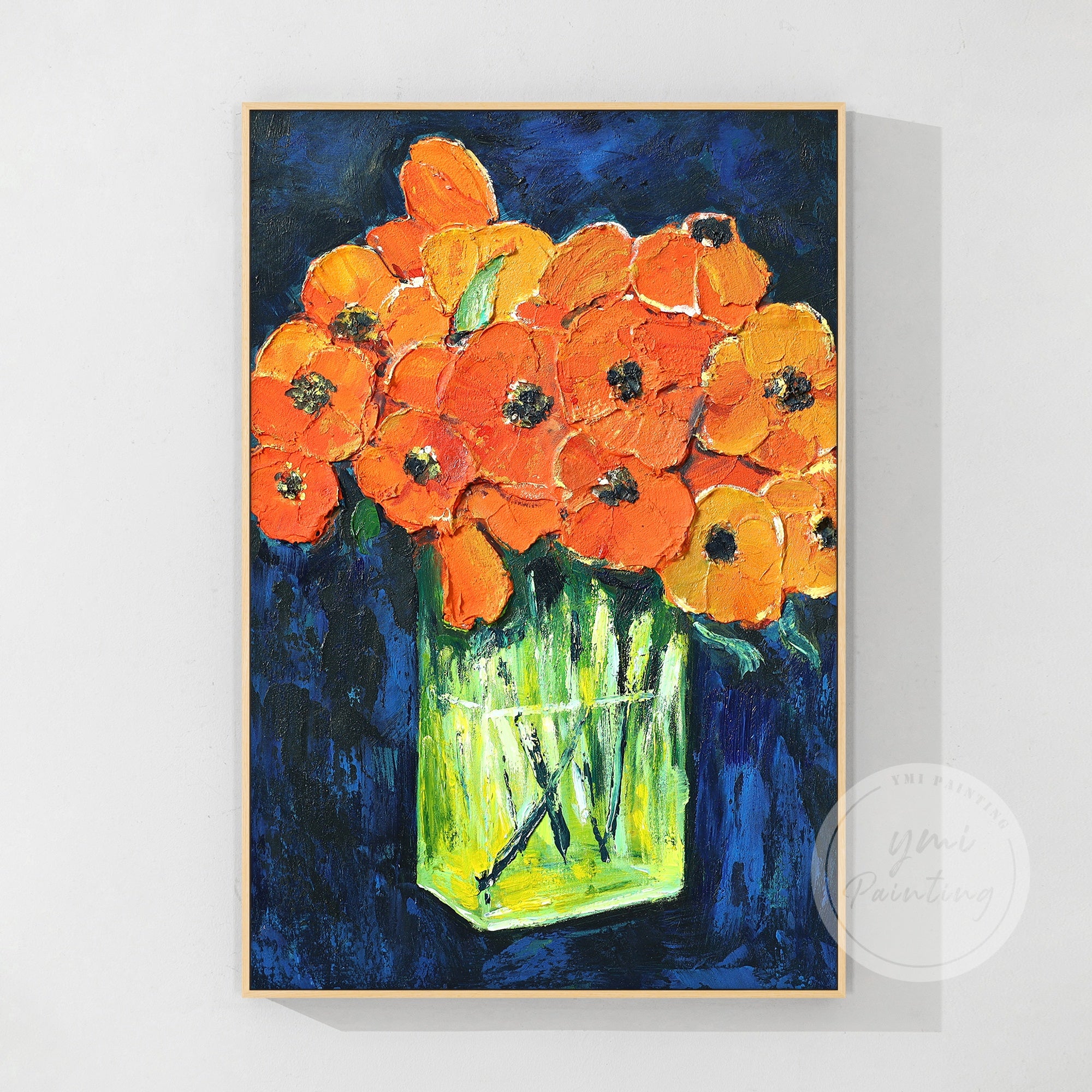 Contemporary art featuring orange flowers with thick brushstrokes against a blue background.