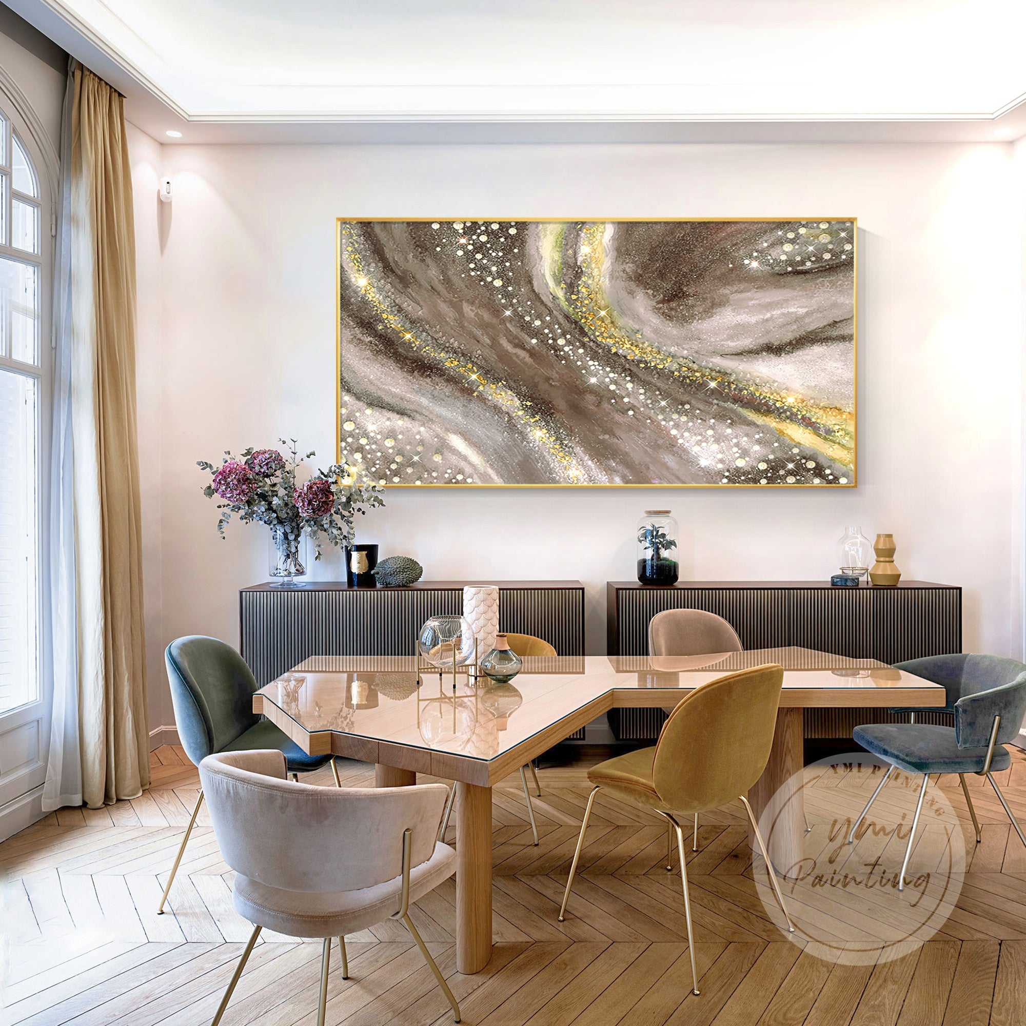 Sophisticated brown and gold abstract wall decor with metallic highlights.