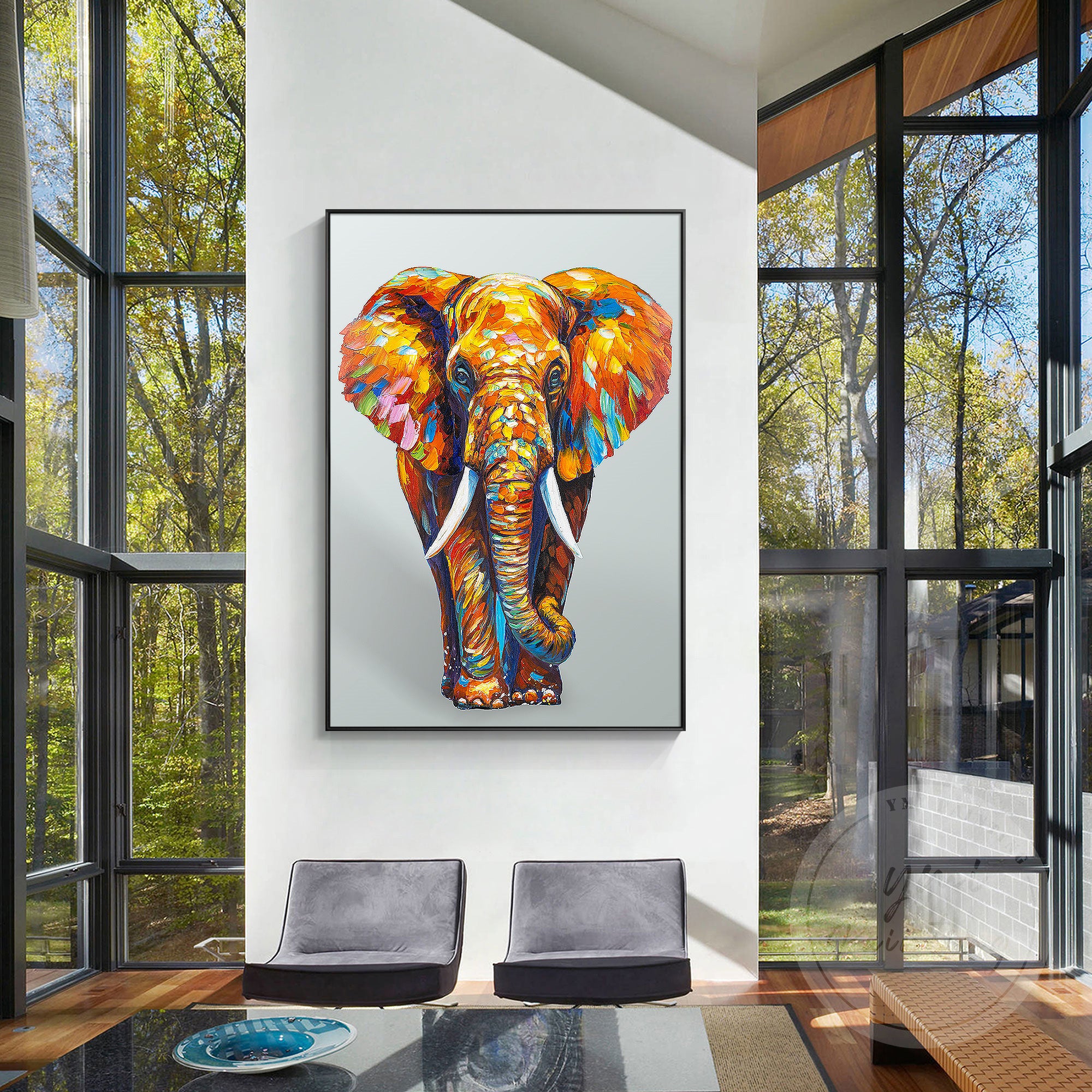 Contemporary elephant artwork with dynamic color composition