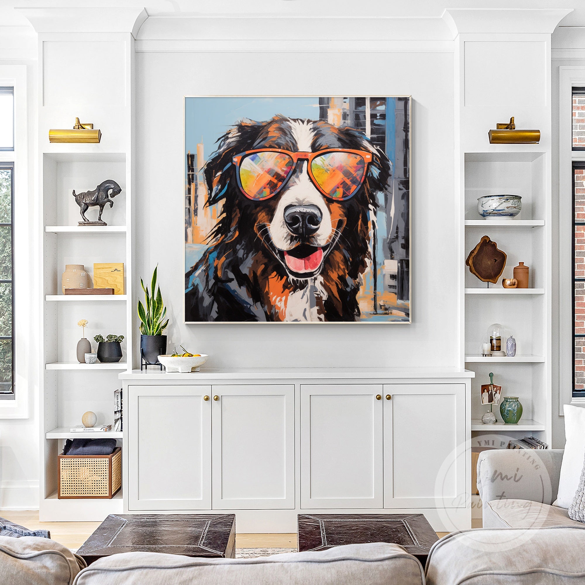 Realistic and playful dog portrait featuring a joyful dog with sunglasses, radiating modern living room.