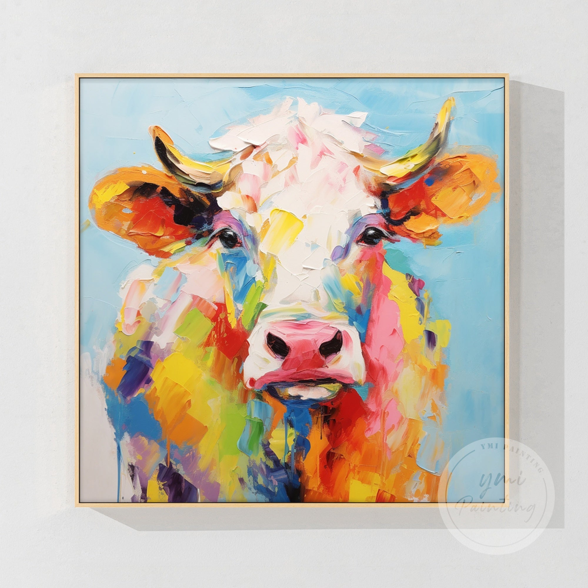 Expressive cow portrait with playful, bold colors with a wood frame