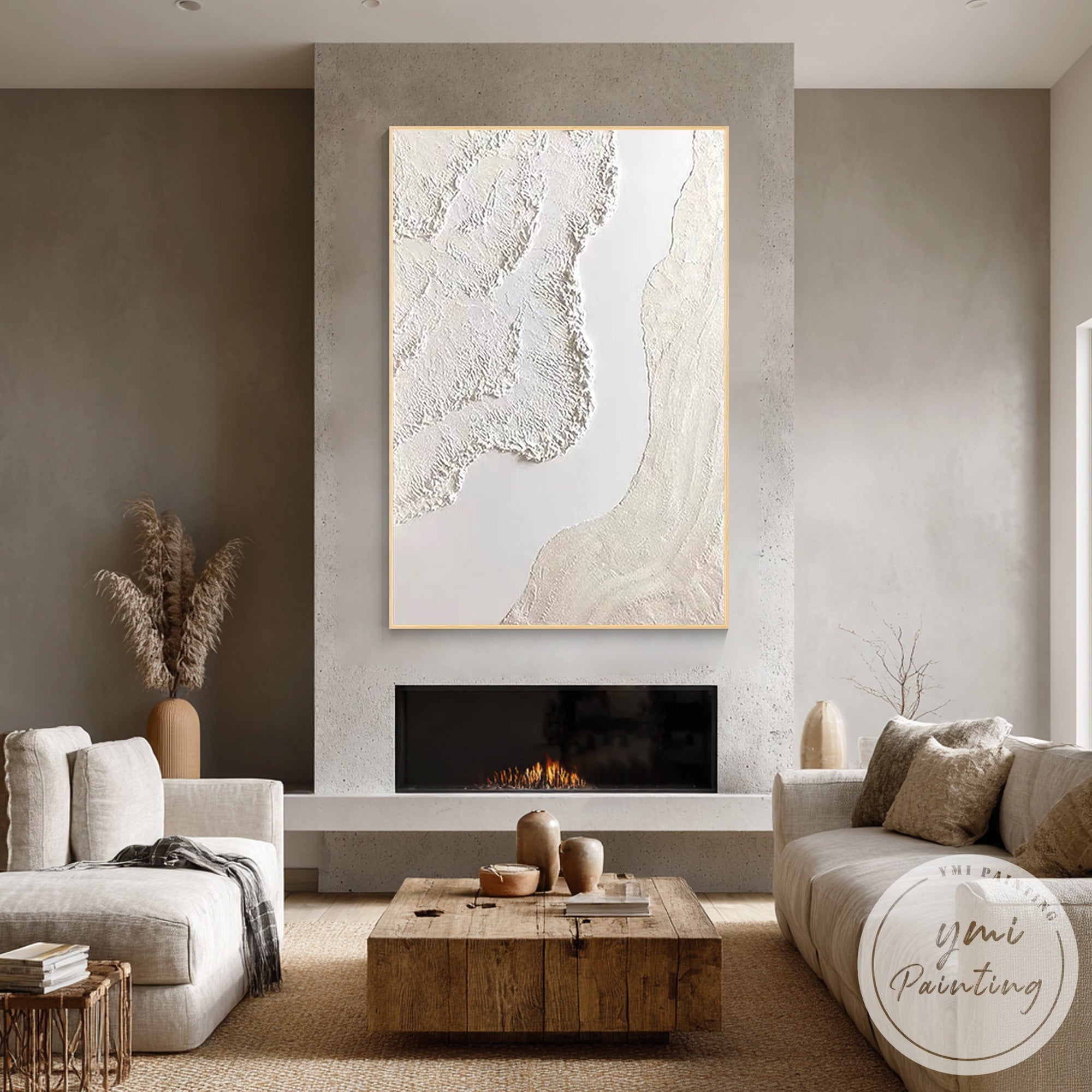 Handcrafted cream beige abstract wall art with soft organic texture