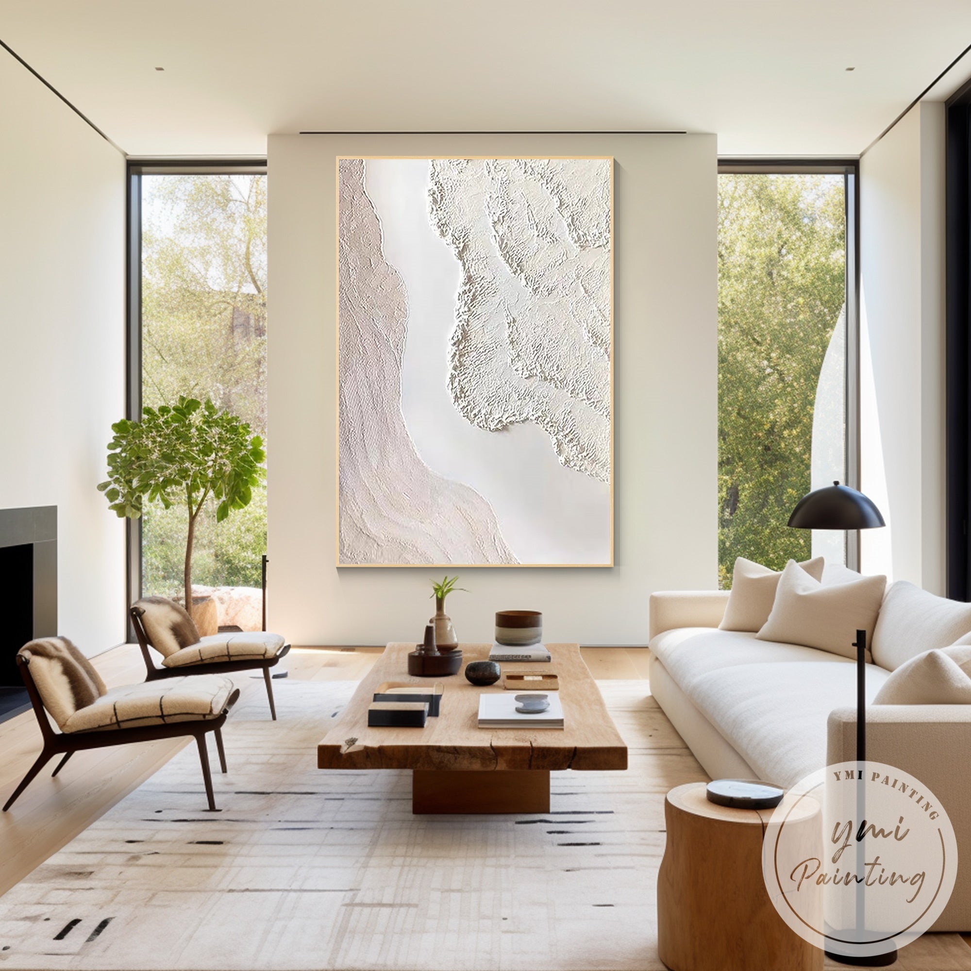 Large framed abstract wave painting in soft beige minimalist style