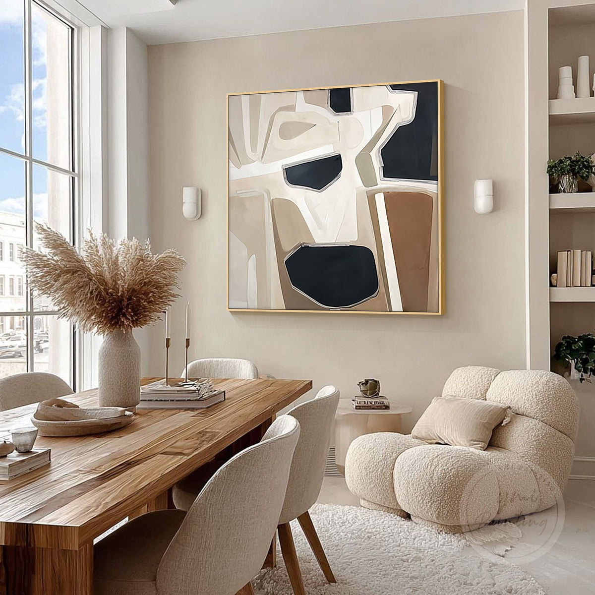 Close-up of geometric abstract wall art in cream, camel brown and charcoal black