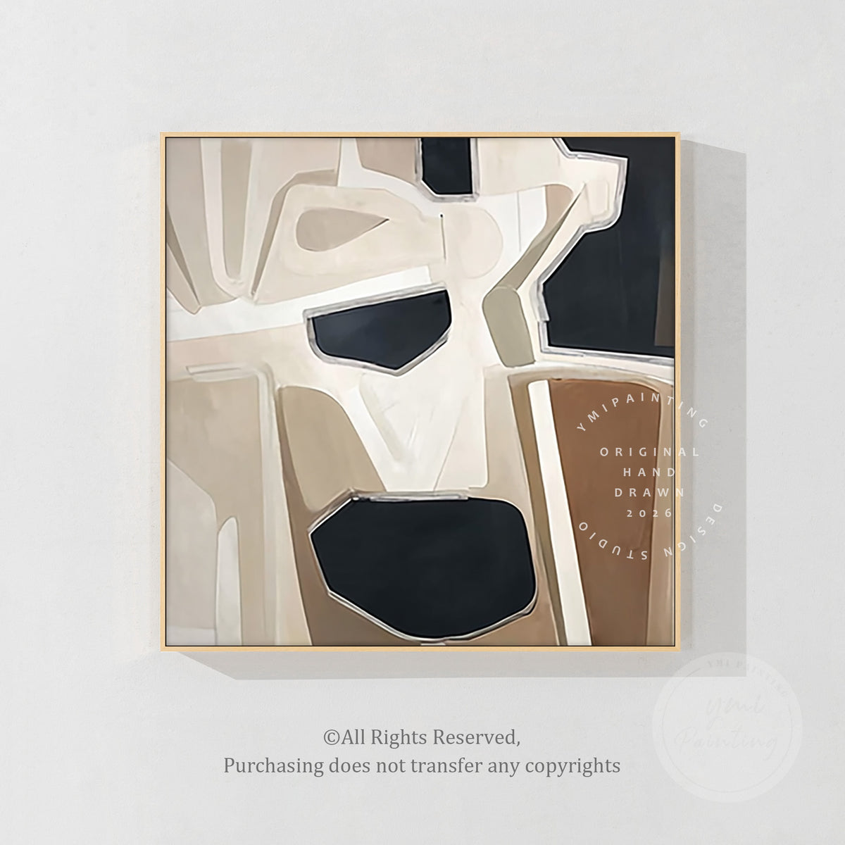 Hand-painted abstract painting in cream, sand, camel brown and charcoal black, full view