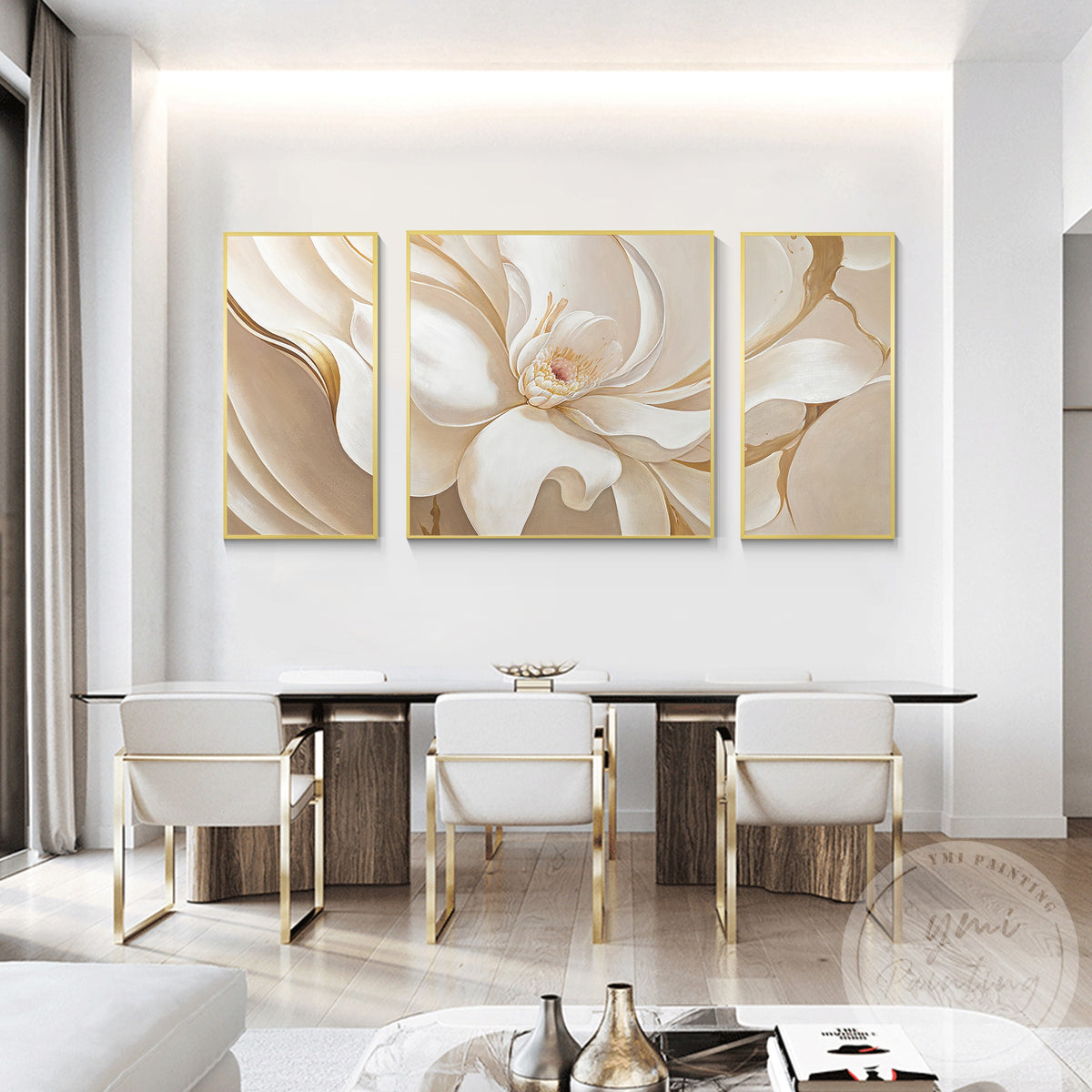 Cream peony paintings for elegant living room wall decor