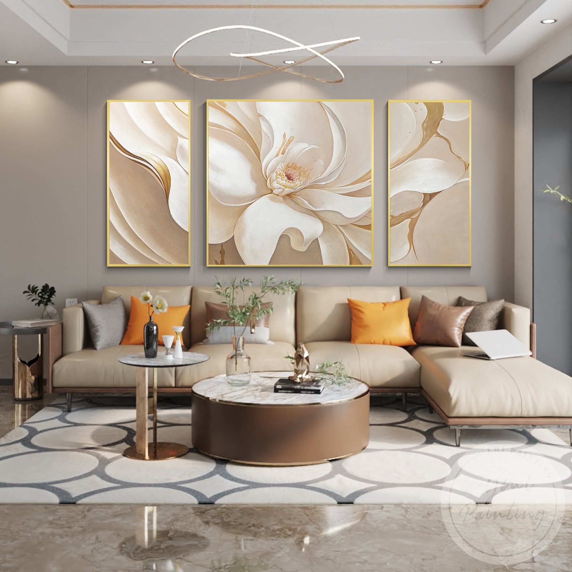 Set of three blooming peony canvas artworks modern interior