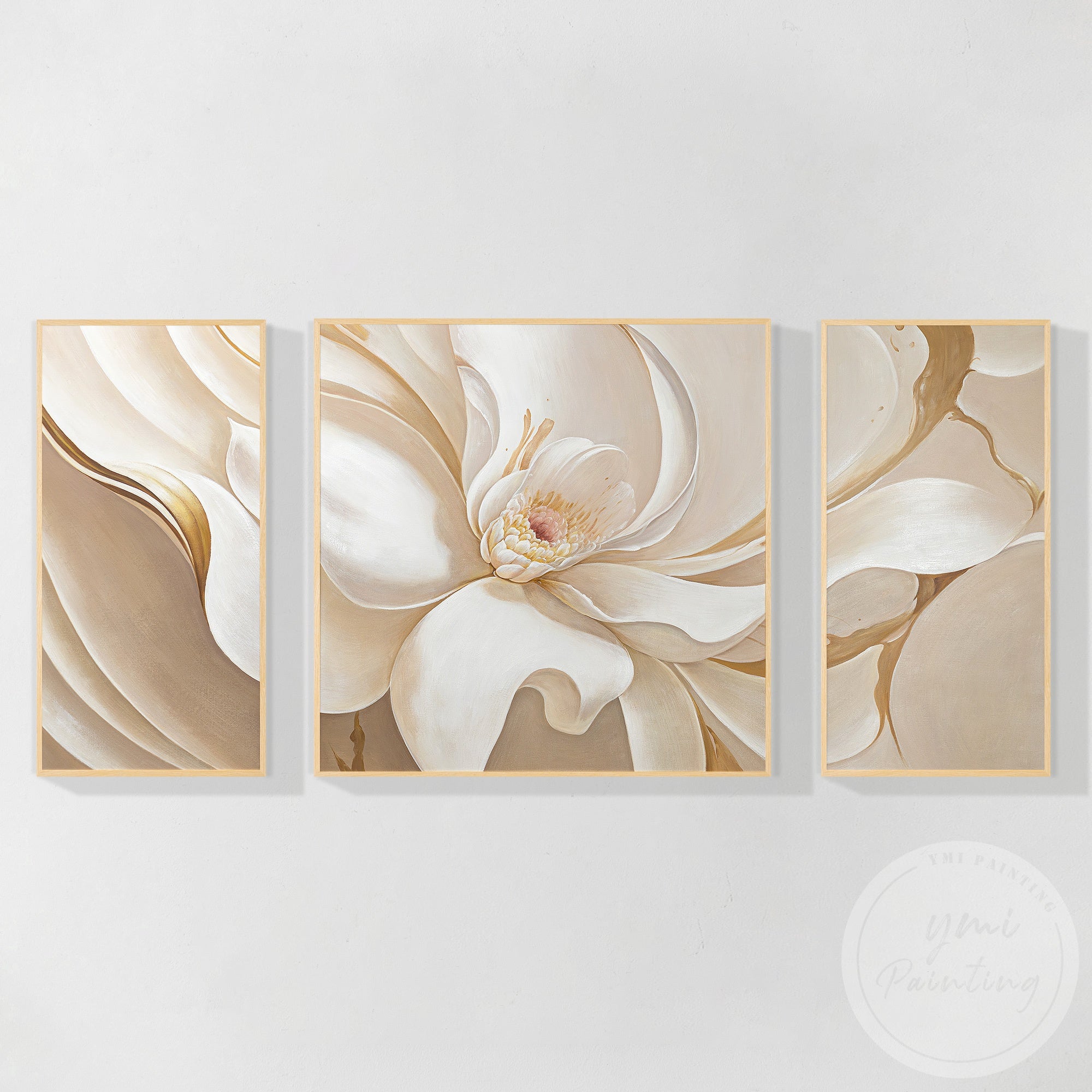 Original hand painted peony wall art set neutral floral design