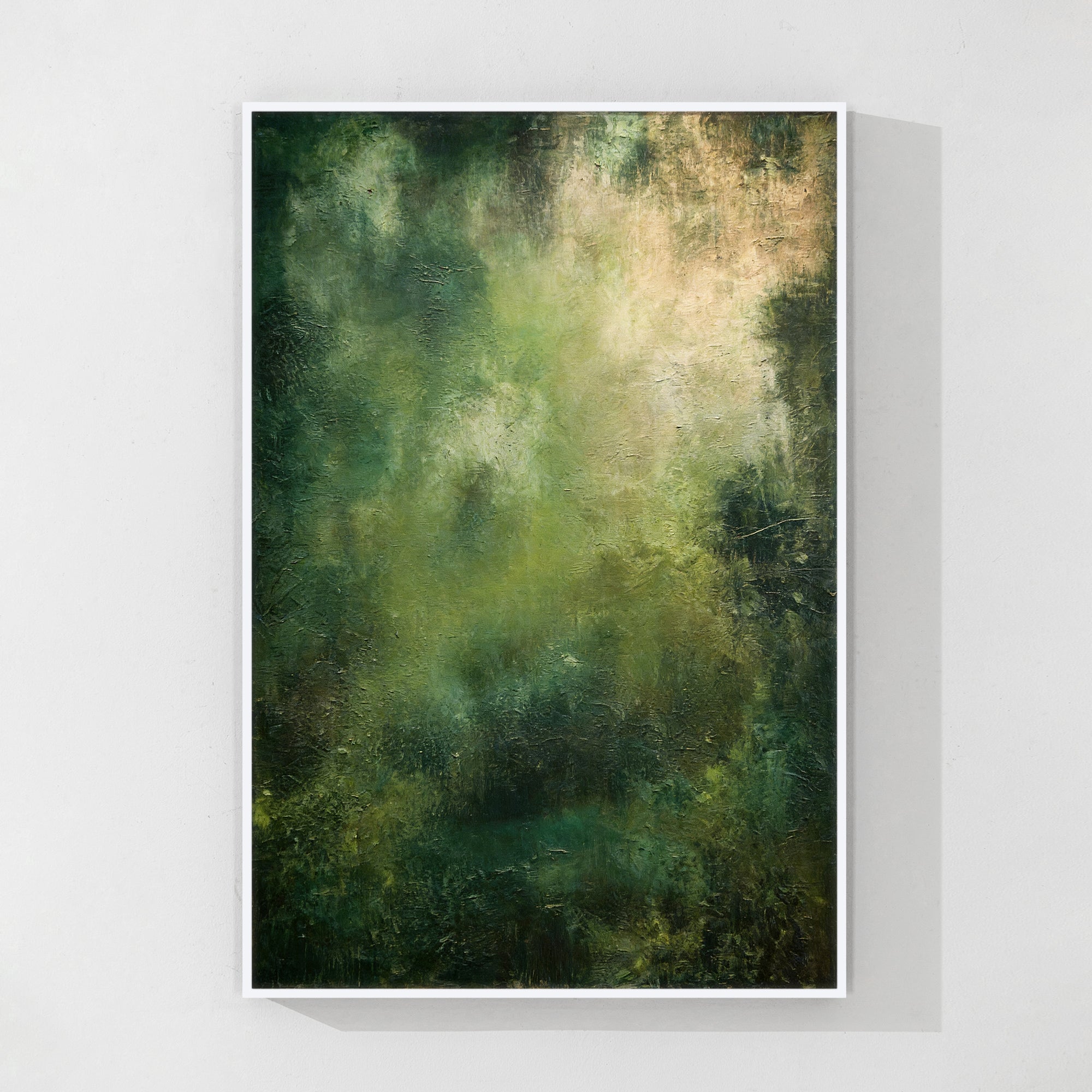 dark green abstract textured canvas painting in modern living room