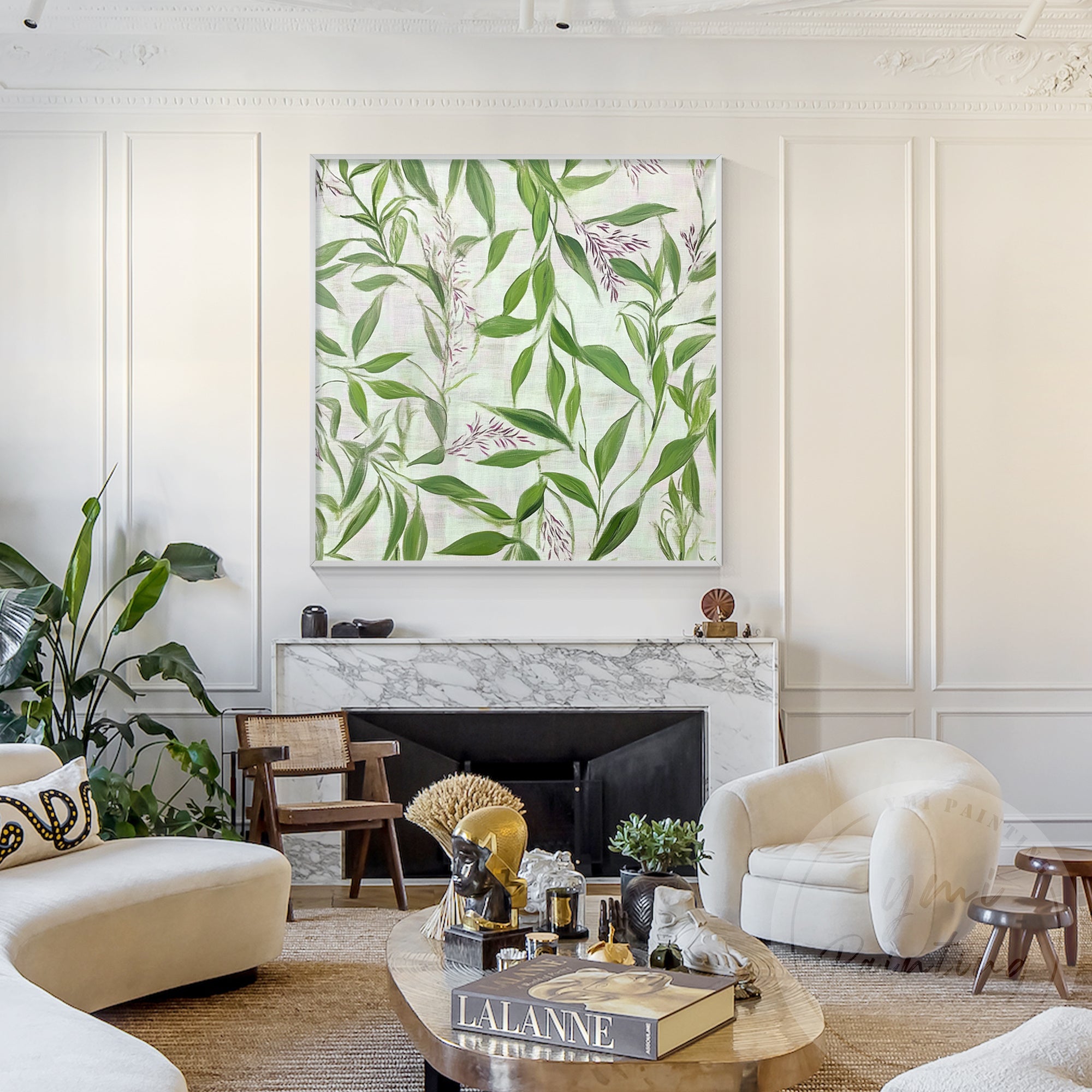 Intricate brushwork on eucalyptus leaves, evoking the fresh and invigorating feel of spring decoring above a marble fireplace.