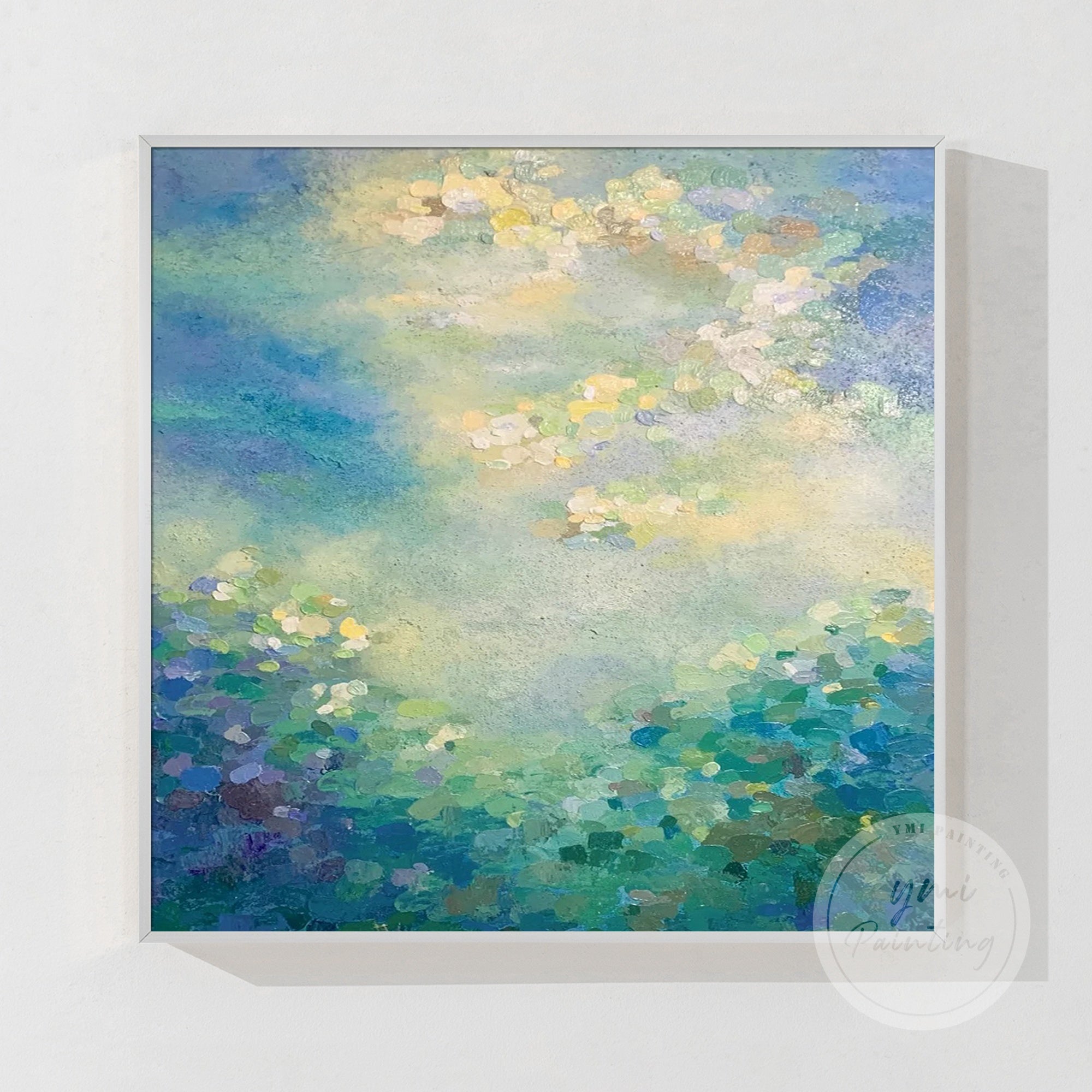 Dreamlike oil painting of water lilies in pastel hues, enhanced with subtle gold highlights.