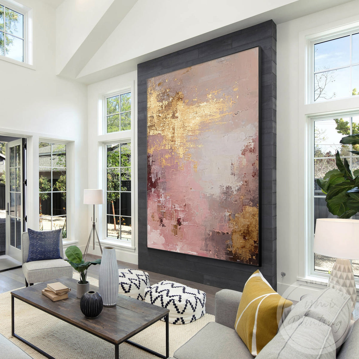 Original hand-painted dusty rose canvas with metallic gold details

