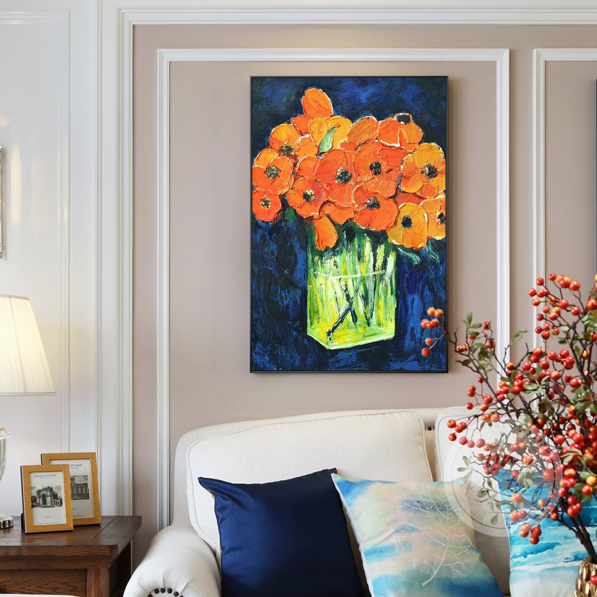 Dynamic orange flowers in a glass vase, colorful wall art with a lively and modern aesthetic.