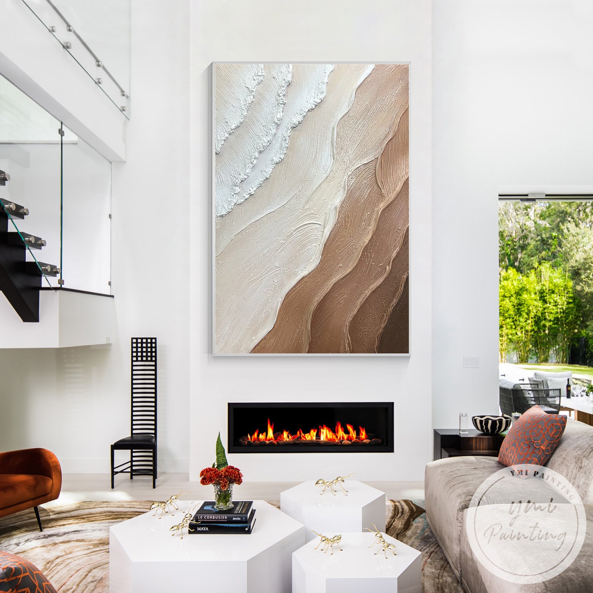 Textured abstract ocean wave painting in neutral earthy tones