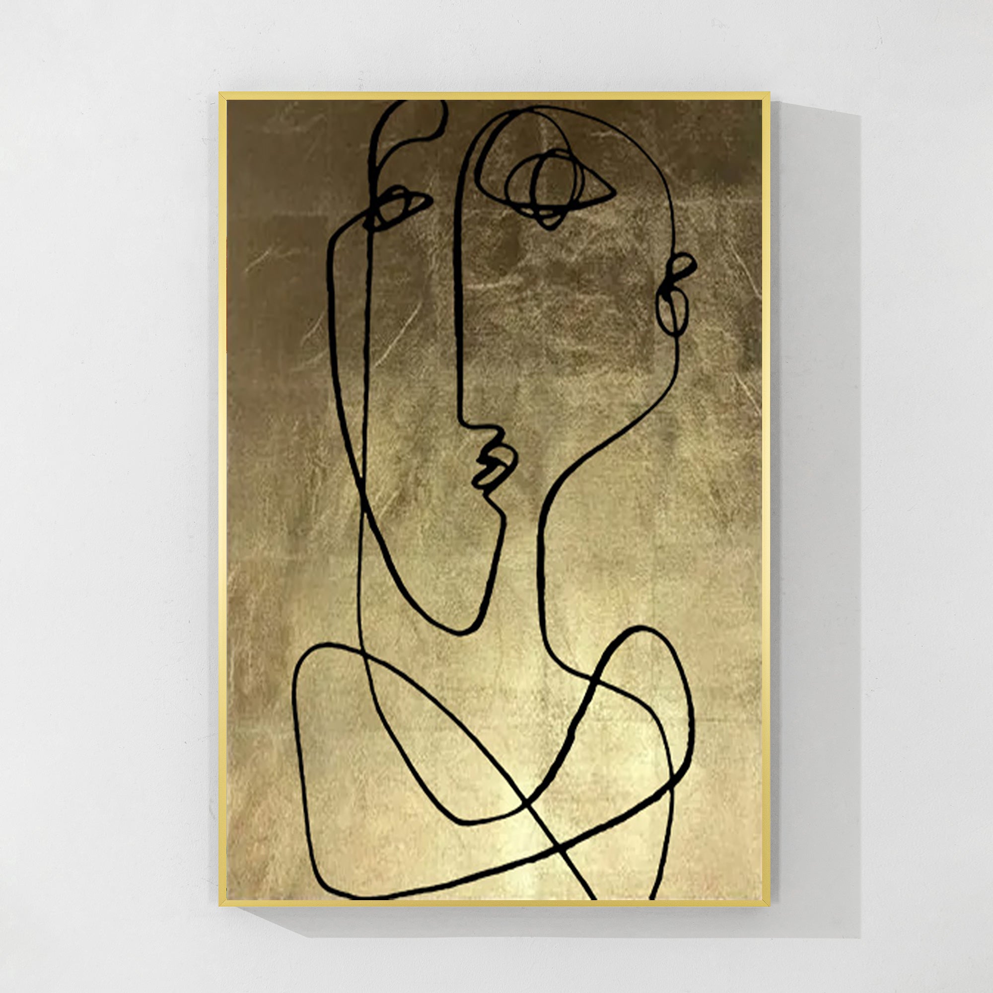 Abstract face line art gold leaf canvas extra large minimalist wall art