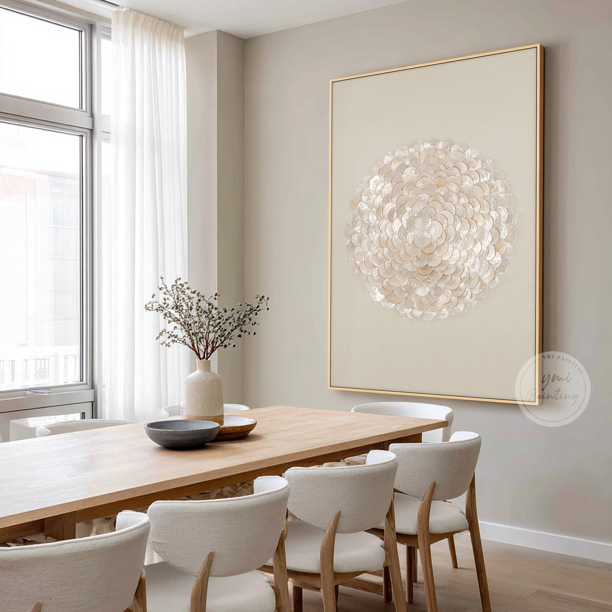 Elegant neutral 3D wall décor in dining area.