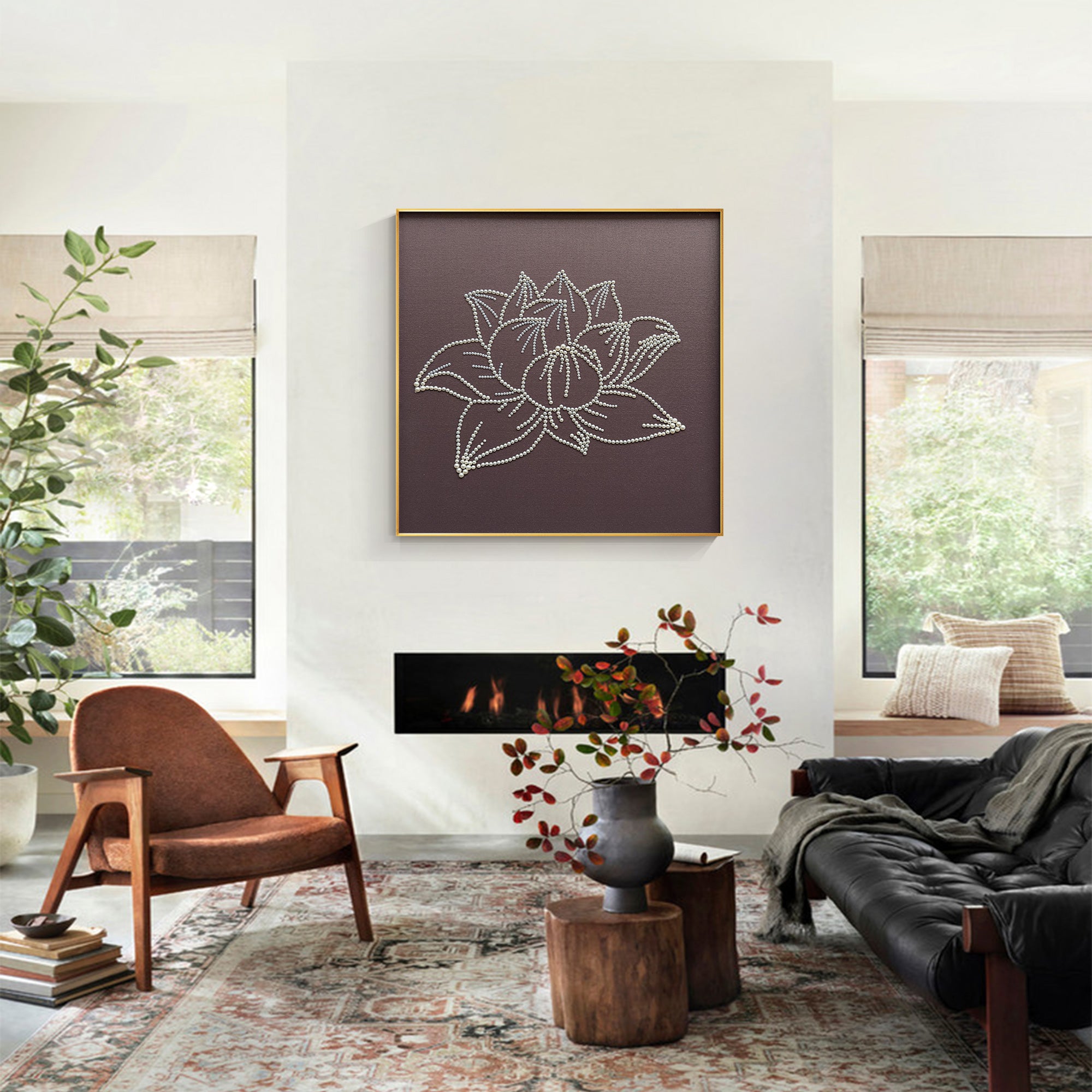 A detailed view of the lotus petals adorned with pearls, showcasing the artwork in a graceful designed living room.